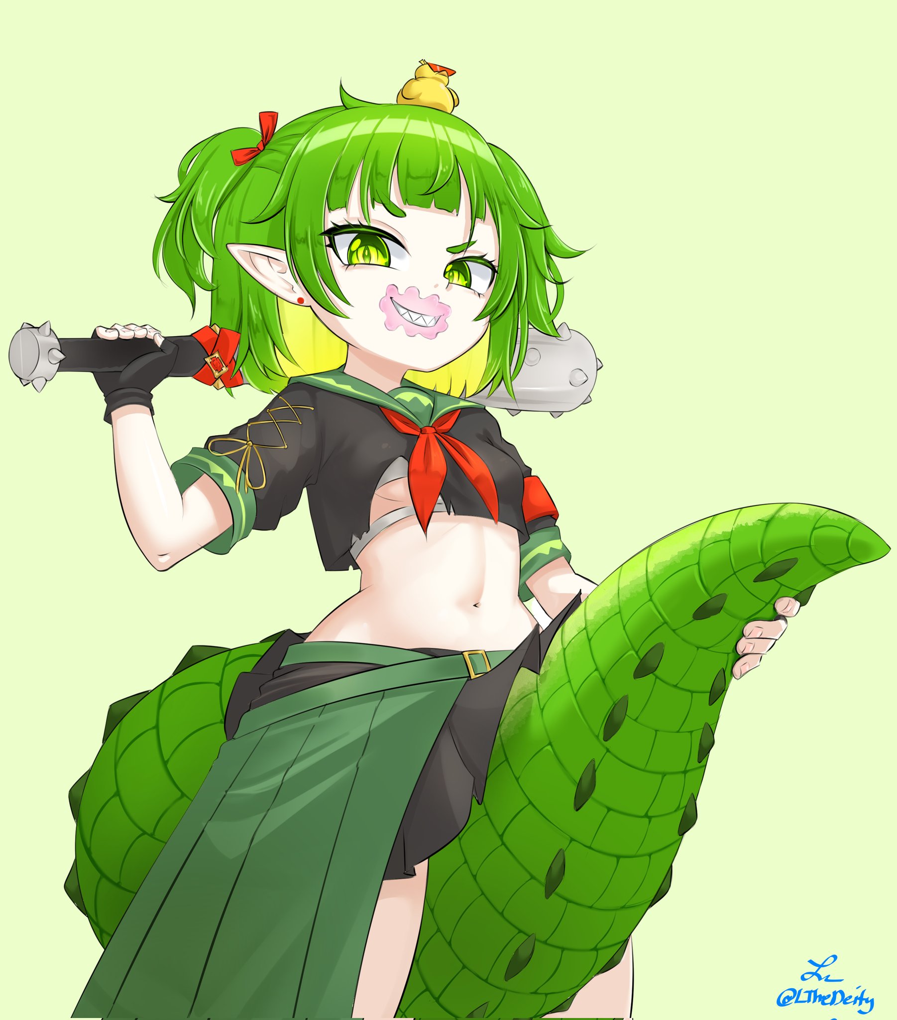 lthedeity, nitya nil, highres, baby animal, between legs, bird, black skirt, breasts, chewing gum, crocodile girl, crocodilian tail, duck, duckling, fingerless gloves, gloves, green eyes, green hair, midriff, navel, school uniform, skirt, spiked bat, tail, tail between legs, torn clothes, underboob