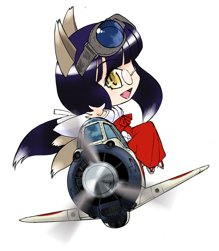 matsuda miki, a6m zero, airplane, animal ears, chibi, fang, glasses, goggles, japanese clothes, miko, military vehicle, propeller fighter, solo, tail, world war ii