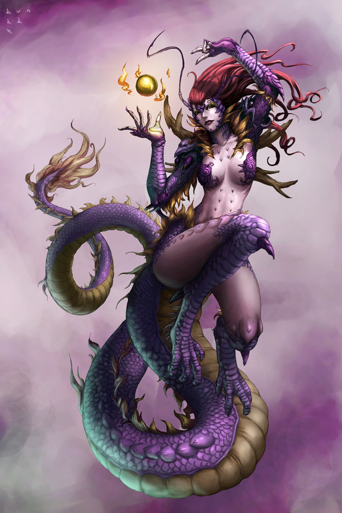 ball, claws, colored skin, dragon, dragon girl, fire, flying, long hair, monster girl, purple scales, purple skin, red hair, scales, solo, spikes, tail