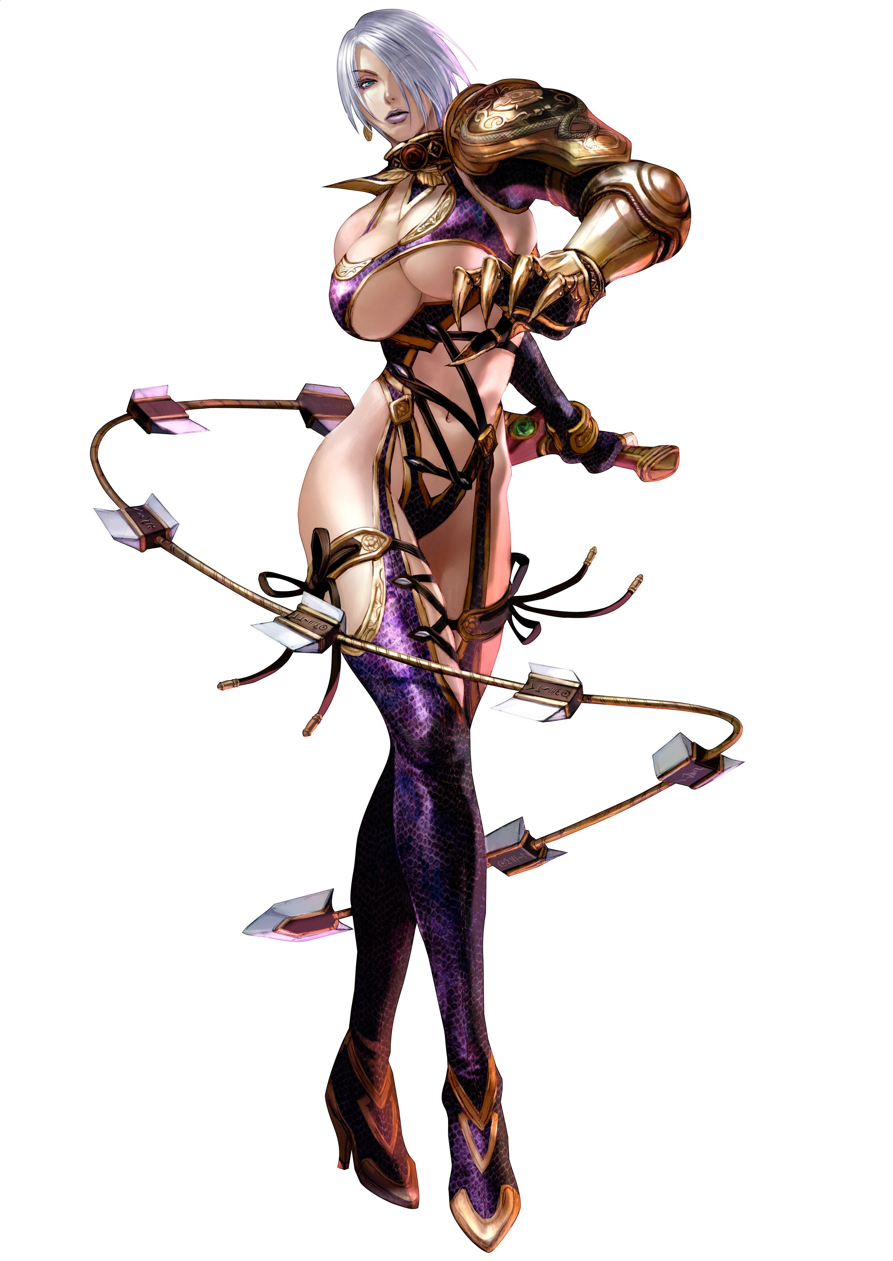 isabella valentine, soul calibur, soulcalibur, soulcalibur iv, absurdres, highres, official art, aqua eyes, armor, breasts, gauntlets, green eyes, high heels, lace up front, laceups, large breasts, purple theme, shoes, skin tight, sword, thighhighs, underboob, weapon, whip, whip sword, white hair