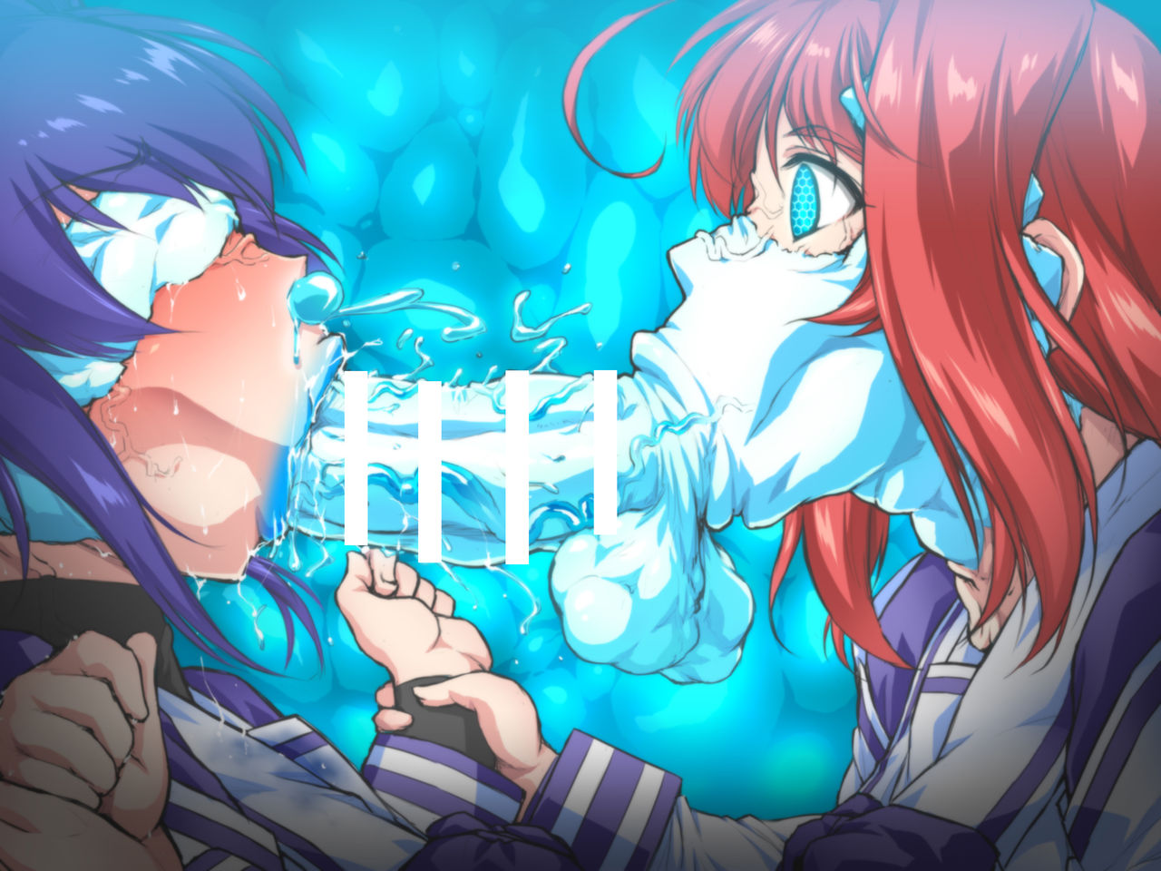 otoo (izanagi), kagami sumika, mitsurugi meiya, muv-luv, muv-luv alternative, :>=, blindfold, blindfolded, body modification, cum, cum in mouth, cum in nose, fellatio, huge penis, kiss, kissing penis, large penis, mind break, mind control, modification, nightmare fuel, open mouth, oral, penis, penis mouth, purple hair, red hair, testicles, veins, veiny penis, what, yuri