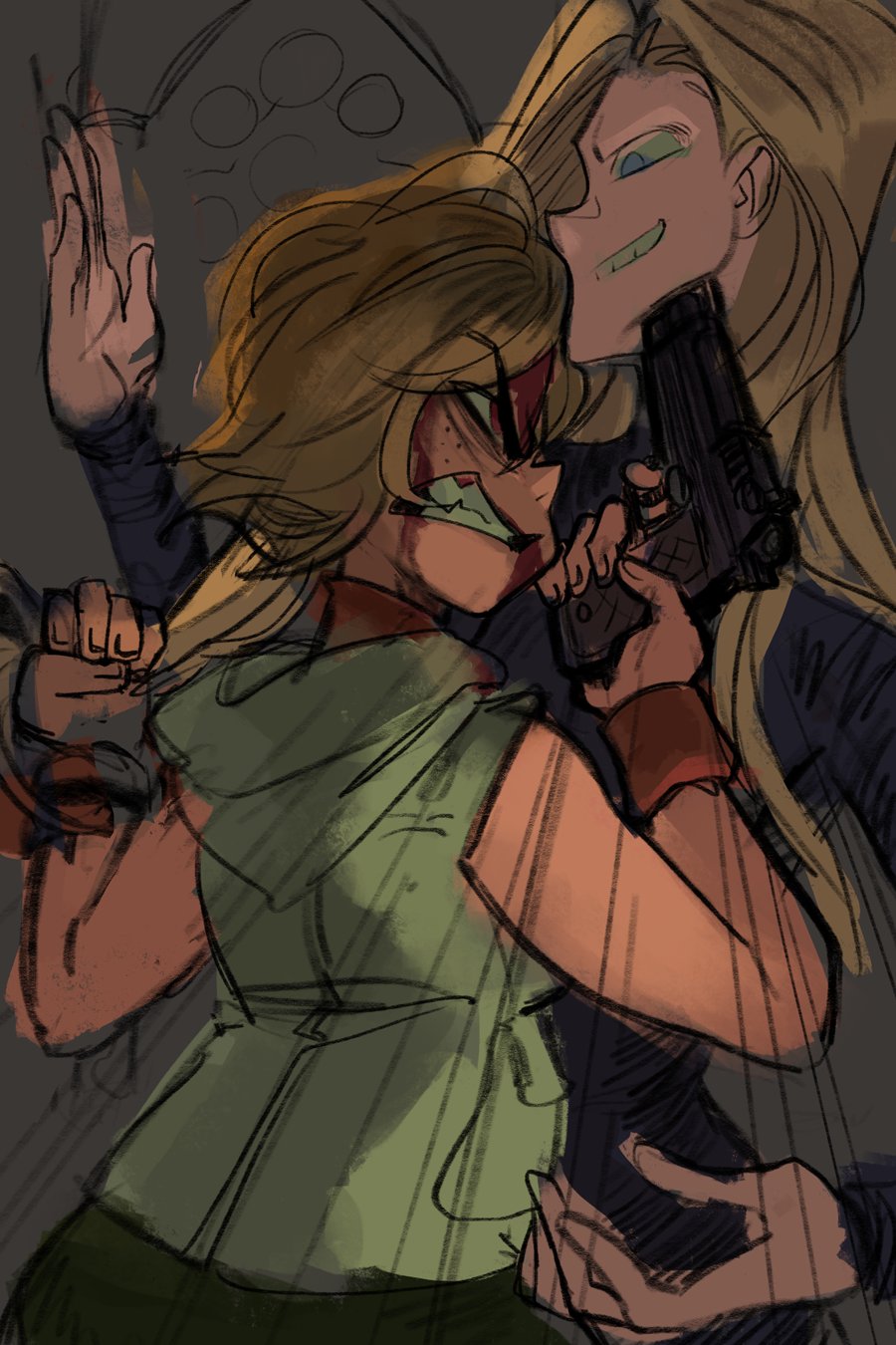 alex ahad, claudia wolf, heather mason, silent hill (series), silent hill 3, 2girls, blonde hair, blood, blue eyes, clenched teeth, dress, freckles, grin, gun, handgun, holding, holding weapon, jacket, looking at another, motion lines, multiple girls, pistol, red eyes, sketch, smile, speed lines, teeth, upper body, weapon, wristband