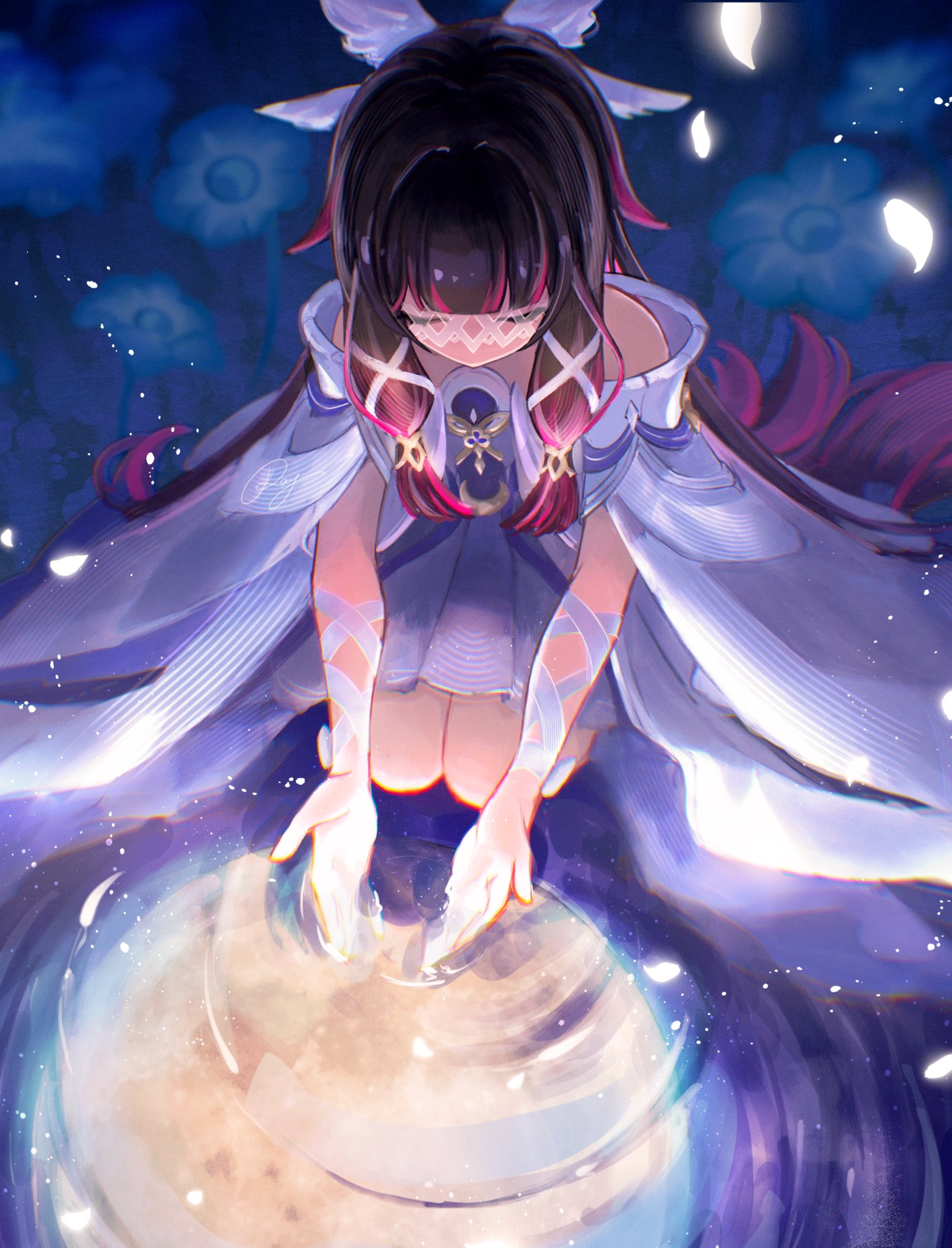 basilian 31, columbina (genshin impact), genshin impact, commentary request, highres, 1girl, bare shoulders, black hair, blue flower, closed eyes, dress, eye mask, flower, hair ribbon, head wings, long hair, mask, moon, moon reflection, multicolored hair, pink hair, reflection, ribbon, ripples, signature, solo, two-tone hair, very long hair, water, white dress, white ribbon, white wings, wings