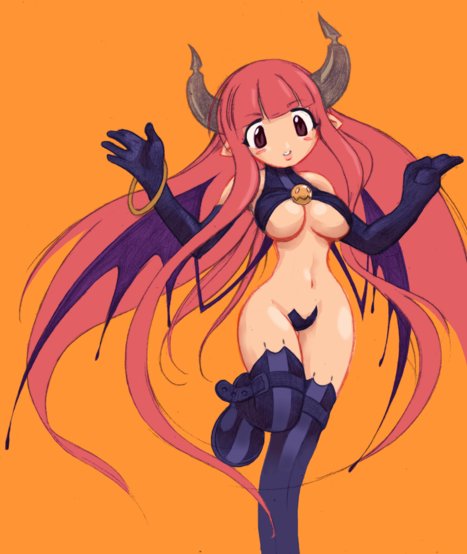 succubus (disgaea), disgaea, 1girl, breasts, cross-eyed, demon girl, female focus, gloves, hip focus, horns, pink hair, solo, underboob, wide hips, wings