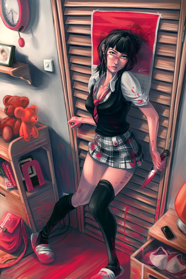 image sample, 1girl, black hair, black thighhighs, blood, blood stain, breasts, cleavage, closet, female focus, glasses, guro, knife, leaning, medium breasts, miniskirt, murder, necktie, open mouth, plaid clothes, plaid skirt, school uniform, sidelocks, skirt, slippers, solo, stain, standing, stuffed animal, stuffed toy, sweater, sweater vest, teddy bear, thighhighs, vest, weapon, zettai ryouiki