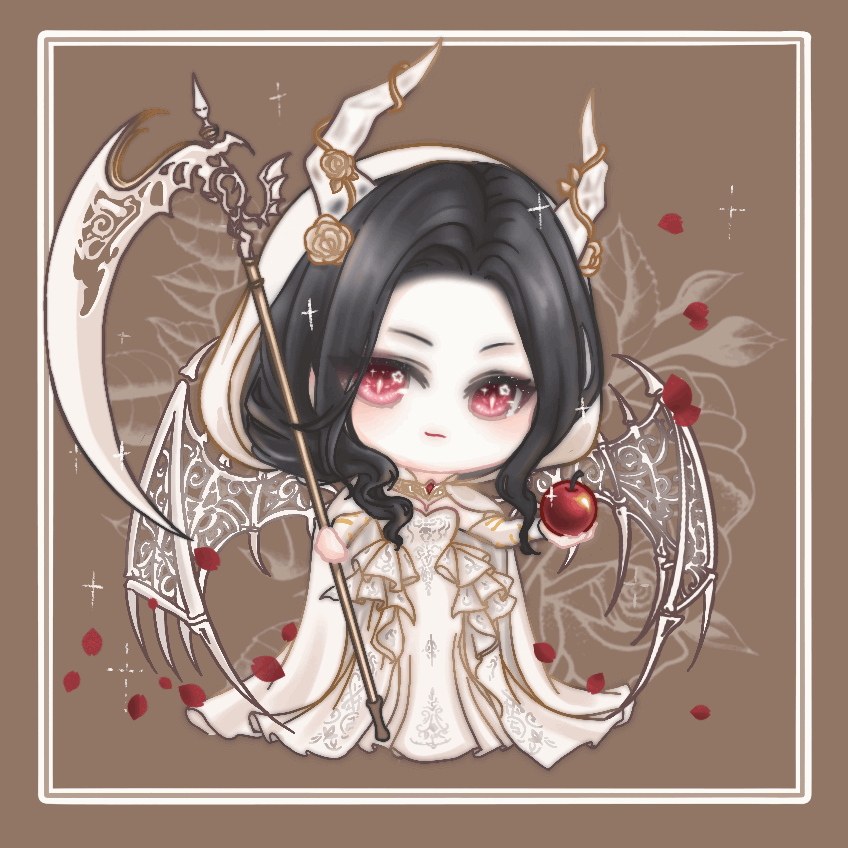 xiaoyu qixing, nikki (series), shining nikki, animated, animated gif, chinese commentary, commentary request, looping animation, 1girl, a gloomy start (shining nikki), apple, bare shoulders, black hair, blinking, brown background, chibi, cloak, closed mouth, demon girl, demon horns, demon wings, detached sleeves, dress, eyelashes, floral background, flower, food, forehead, frilled dress, frills, fruit, gown, hair over shoulder, holding, holding food, holding fruit, holding scythe, hood, hood up, hooded cloak, horns, light blush, long dress, long hair, long sleeves, petals, picture frame, pink eyes, pleated dress, print dress, rose, rose petals, scythe, skeletal wings, slit pupils, smirk, smug, solo, sparkle, standing, strapless, strapless dress, translucent horns, tsurime, wavy hair, white cloak, white dress, white horns, white sleeves, white wings, wings