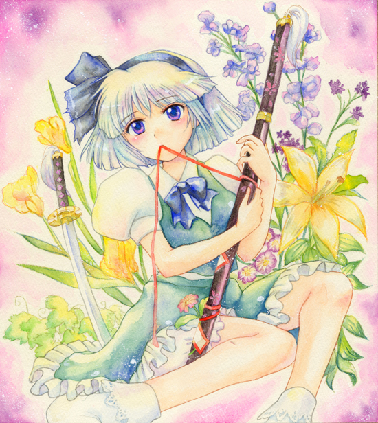 pemoko, konpaku youmu, touhou, silver hair, bad id, bad pixiv id, painting (medium), traditional media, watercolor (medium), 1girl, blue eyes, female focus, flower, hairband, katana, mouth hold, ribbon, short hair, solo, sword, weapon