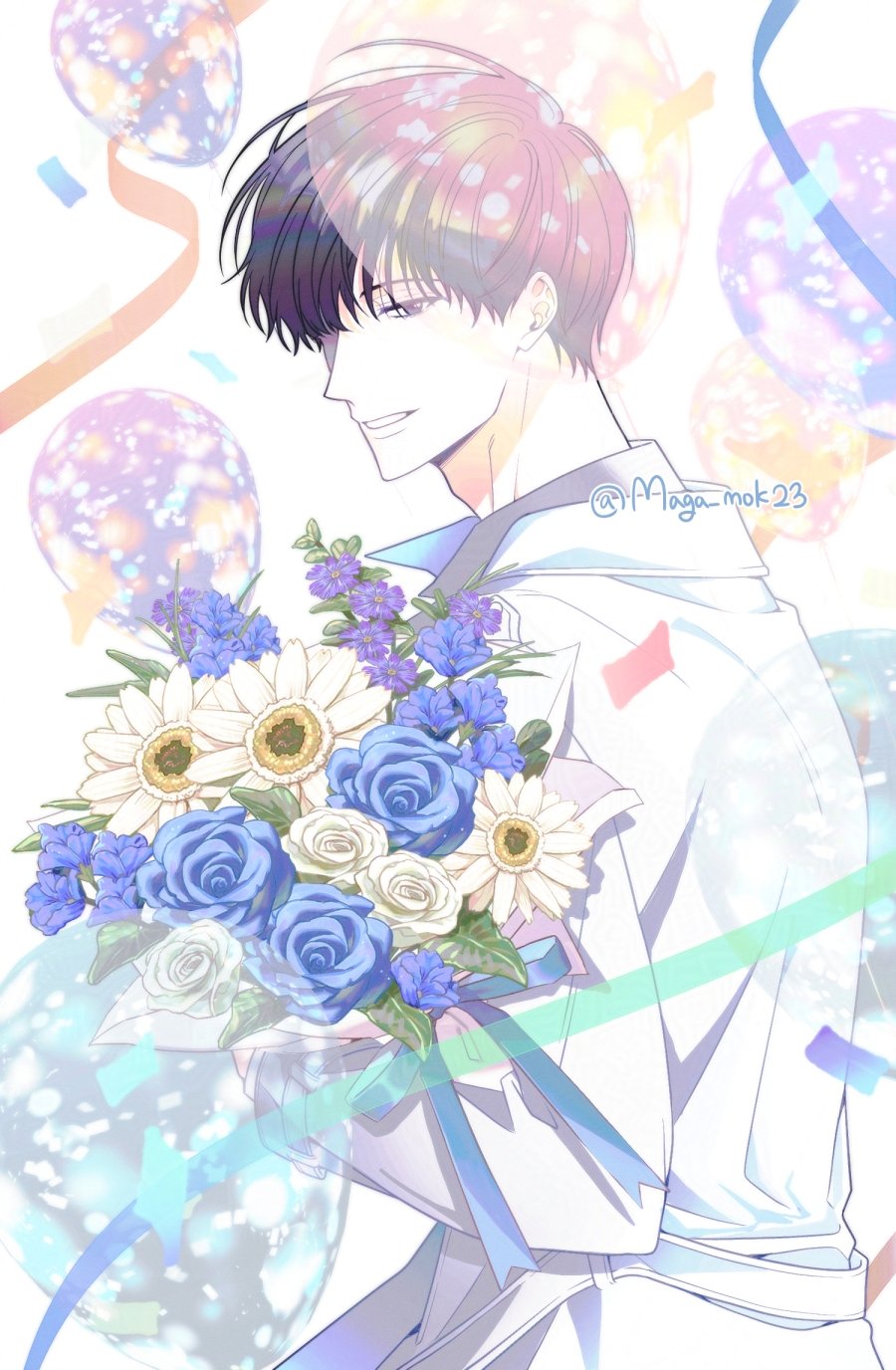 maga mok23, kim dokja, omniscient reader's viewpoint, check flower, flower request, highres, 1boy, :d, black eyes, black hair, blue flower, blue rose, bouquet, bubble, coat, confetti, cowboy shot, daisy (flower), flower, grin, holding, holding bouquet, looking at viewer, male focus, open clothes, open coat, open mouth, partially shaded face, popped collar, primrose (flower), ribbon, rose, short hair, smile, solo, white coat