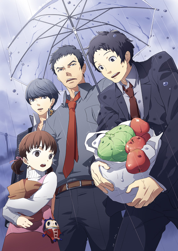 ginsyari, kishiwada robin, adachi tooru, doujima nanako, doujima ryoutarou, kuma (persona 4), narukami yu, atlus, persona, persona 4, 1girl, 3boys, age difference, apple, black hair, brown hair, cabbage, father and daughter, food, fruit, male focus, multiple boys, necktie, rain, tomato, umbrella