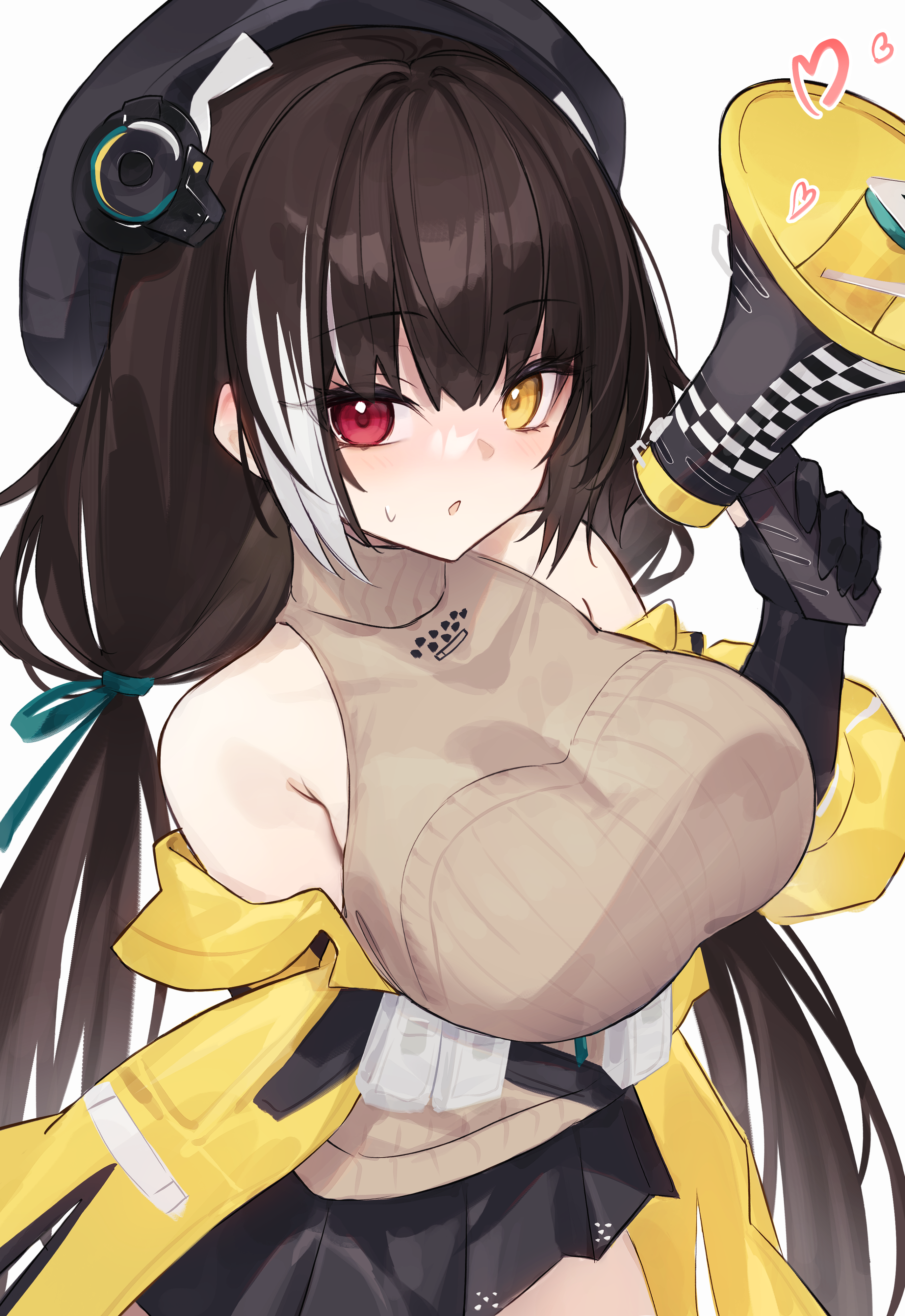 diieru, ro635 (girls' frontline), robella (girls' frontline 2), girls' frontline, girls' frontline 2: exilium, absurdres, highres, 1girl, :o, arm behind back, bare shoulders, black gloves, black hat, black skirt, blush, breasts, brown hair, clothes pull, elbow gloves, gloves, hand up, hat, heart, heterochromia, holding, holding megaphone, jacket, jacket pull, large breasts, long hair, looking at viewer, megaphone, miniskirt, multicolored hair, off shoulder, open clothes, open jacket, pleated skirt, skirt, sleeveless, sleeveless sweater, solo, streaked hair, sweater, twintails, two-tone hair, very long hair, white hair, yellow jacket