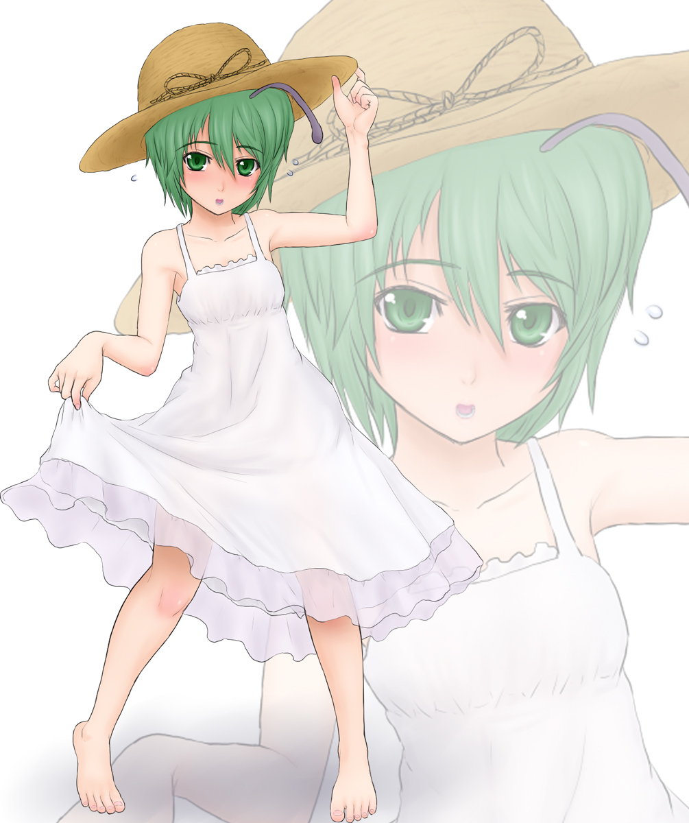 kuro suto sukii, wriggle nightbug, touhou, highres, 1girl, alternate costume, antennae, barefoot, blush, clothes lift, dress, dress lift, feet, female focus, full body, green eyes, green hair, hat, matching hair/eyes, see-through clothes, short hair, skirt hold, solo, standing, sundress, white background