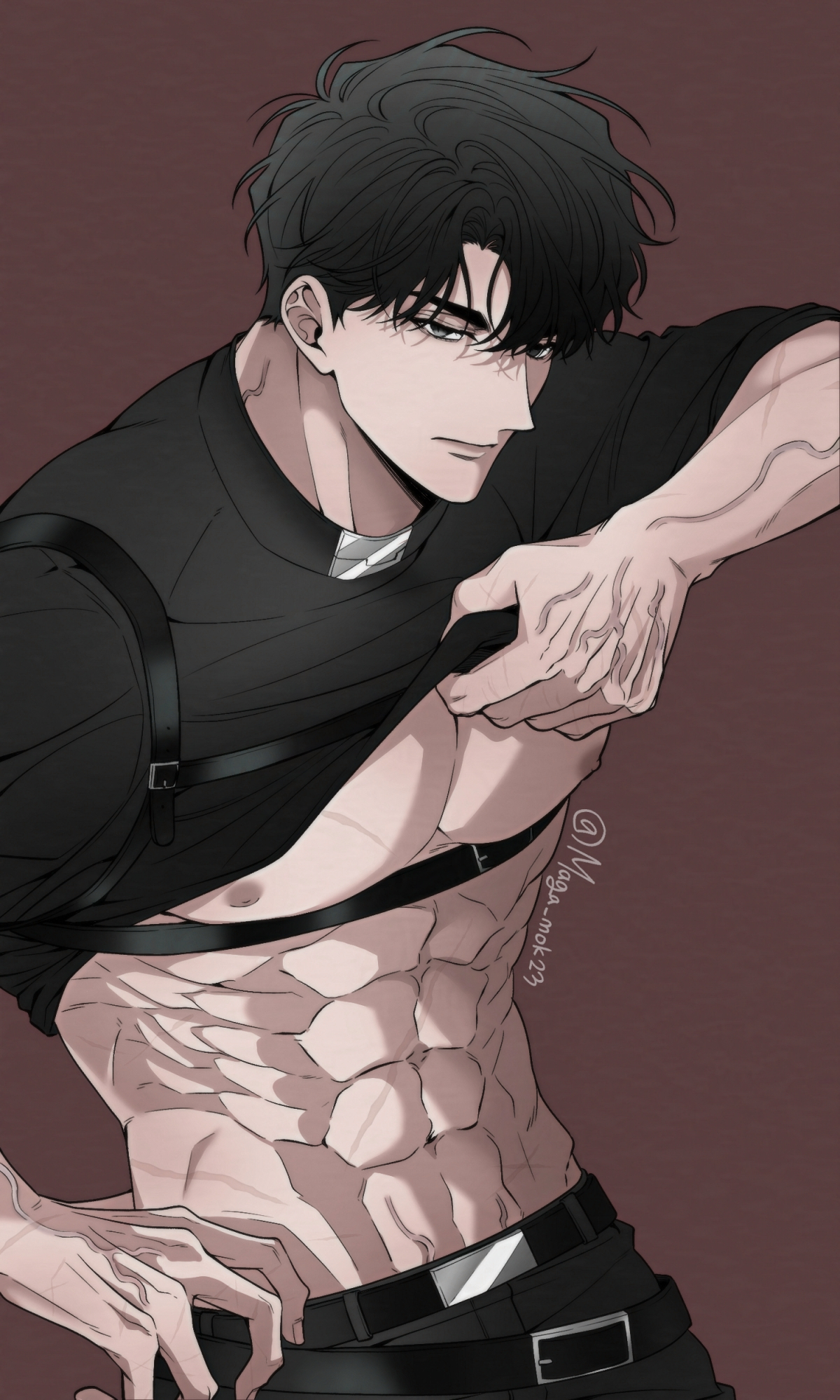 maga mok23, yoo joonghyuk, omniscient reader's viewpoint, hashtag-only commentary, highres, 1boy, abs, black eyes, black hair, black shirt, chest belt, clothes lift, cowboy shot, crew neck, curtained hair, expressionless, male focus, muscular, muscular male, nipples, pectorals, shirt, shirt lift, short hair, solo, veins