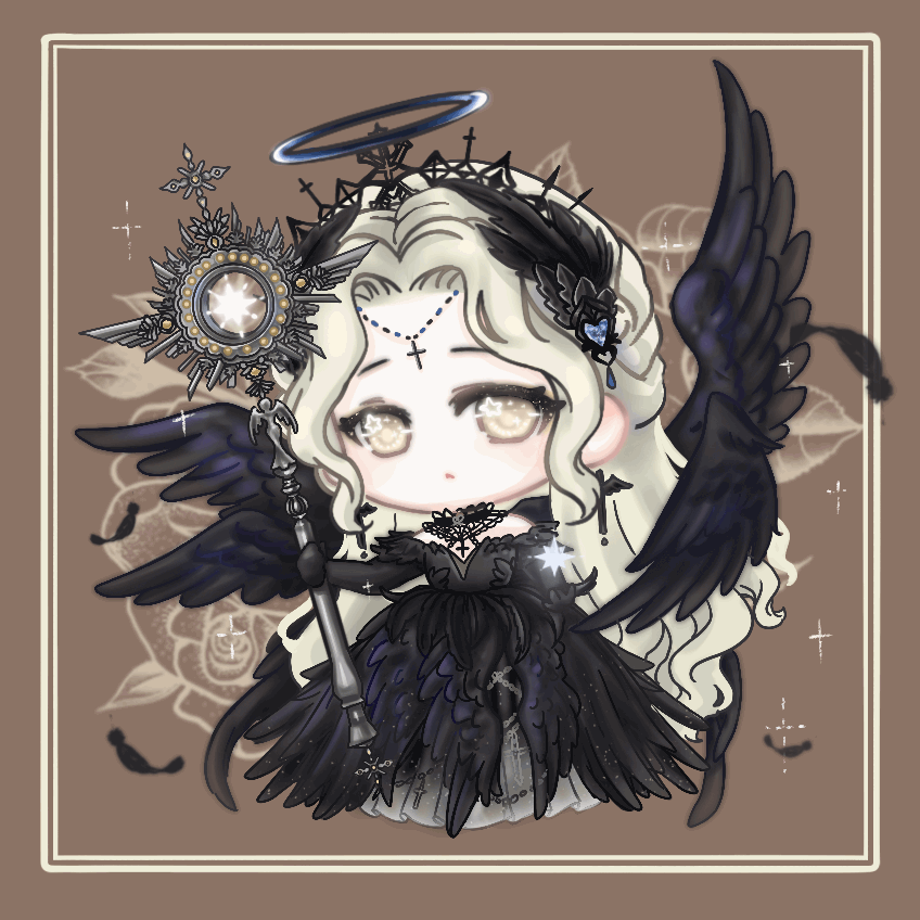 xiaoyu qixing, nikki (series), shining nikki, animated, animated gif, chinese commentary, commentary request, looping animation, 1girl, angel wings, bare shoulders, black collar, black dress, black gloves, black hair, black wings, blinking, blonde hair, blue halo, braid, brown background, brown eyes, chibi, circlet, closed mouth, collar, cross, cross earrings, crown braid, detached collar, dress, dustless feathers (shining nikki), earrings, elbow gloves, expressionless, eyelashes, eyeshadow, feather-trimmed dress, feather-trimmed gloves, feathered wings, feathers, floral background, flower, gloves, gown, halo, hexagram, high collar, holding, holding staff, jewelry, lace-trimmed collar, lace trim, light blush, light frown, long dress, long hair, makeup, multiple wings, object floating above hand, picture frame, pleated dress, rose, seraph, sidelocks, solo, sparkle, staff, standing, star (symbol), star in eye, strapless, strapless dress, symbol in eye, tiara, traditional halo, very long hair, wavy hair, wings, yellow eyeshadow