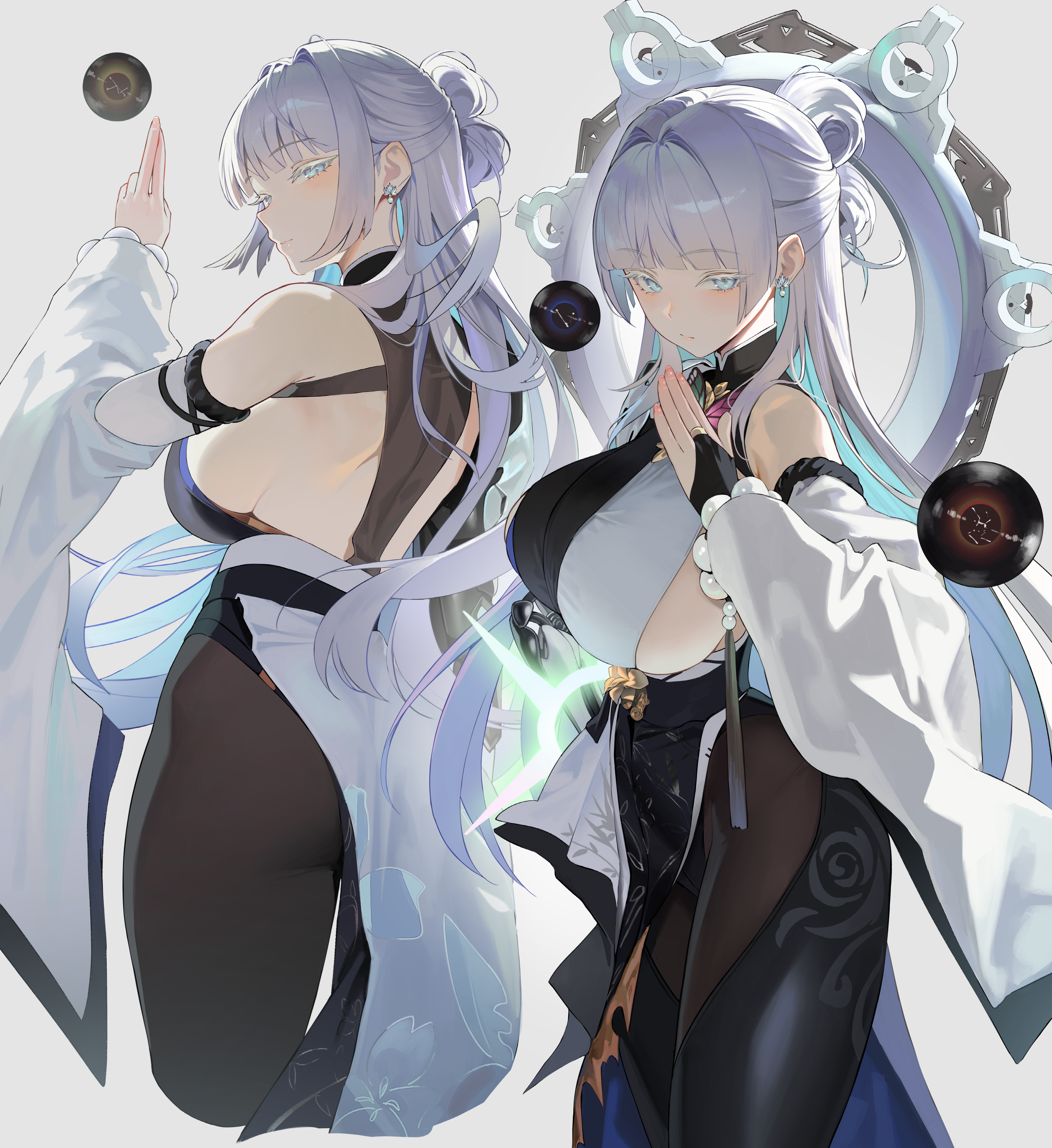 myabit, nayuta (nikke), goddess of victory: nikke, absurdres, commentary, highres, 1girl, bare shoulders, black bridal gauntlets, black dress, black pantyhose, breasts, bridal gauntlets, colored eyelashes, dress, earrings, grey background, hair intakes, hand up, huge breasts, jewelry, kuji-in, long hair, looking at viewer, multiple views, pantyhose, shoulder blades, sideboob, sidelocks, simple background, single bridal gauntlet, white eyelashes, white eyes