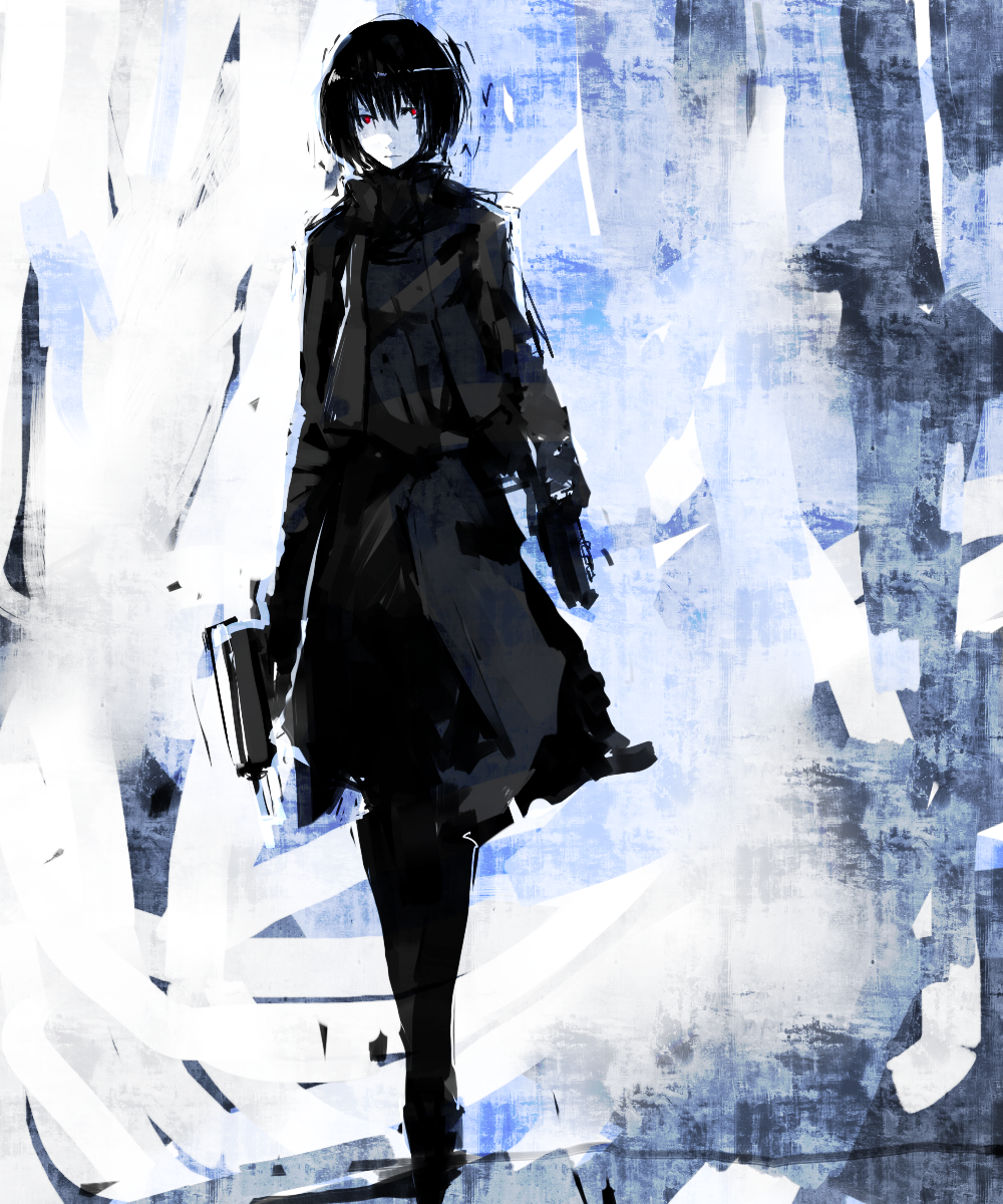 un-known (ninesix), original, bad id, bad pixiv id, highres, 1girl, blue theme, female focus, gun, monochrome, red eyes, short hair, solo, walking, weapon