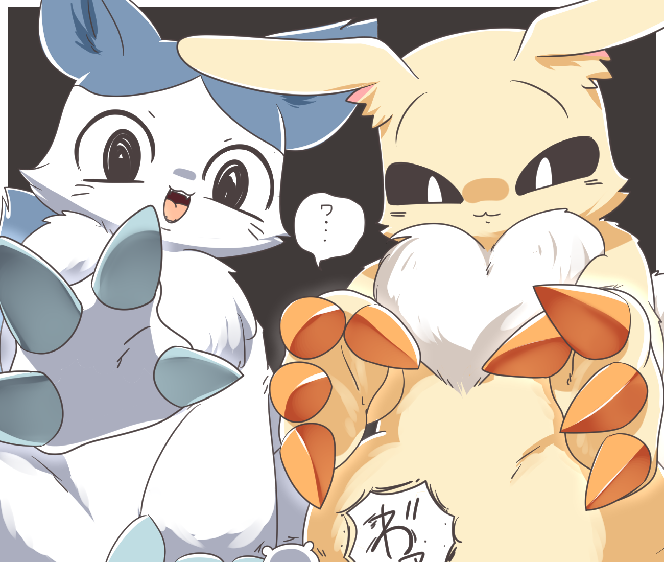 lets0020, chiikawa (character), hachiware (chiikawa), usagi (chiikawa), chiikawa, commentary request, :3, black background, black eyes, black sclera, closed mouth, colored sclera, neck fur, no humans, open mouth, white eyes