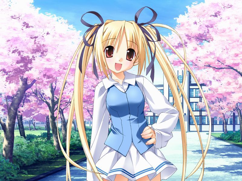 kannagi rei, kururu (princess witches), princess witches, game cg, 1girl, aqua eyes, blonde hair, cherry blossoms, collarbone, female focus, hair ribbon, hand on own hip, hip focus, long hair, outdoors, ribbon, school, school uniform, smile, solo, standing, twintails, vest, waistcoat