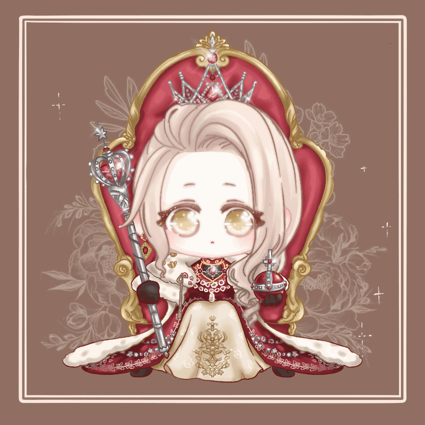 xiaoyu qixing, nikki (series), shining nikki, on throne, animated, animated gif, chinese commentary, commentary request, looping animation, 1girl, asymmetrical hair, black gloves, blinking, blonde hair, brown background, chibi, closed mouth, crown, dress, expressionless, eyes visible through hair, floral background, flower, forehead, fur-trimmed robe, fur trim, gem, glint, gloves, gown, holding, holding scepter, jewelry, layered dress, light blush, light frown, long dress, long hair, looking at viewer, necklace, path to the crown (shining nikki), picture frame, pleated dress, red dress, red gemstone, red robe, robe, rose, scepter, sitting, sitting on throne, solo, sparkle, straight-on, tareme, wavy hair, yellow dress, yellow eyes