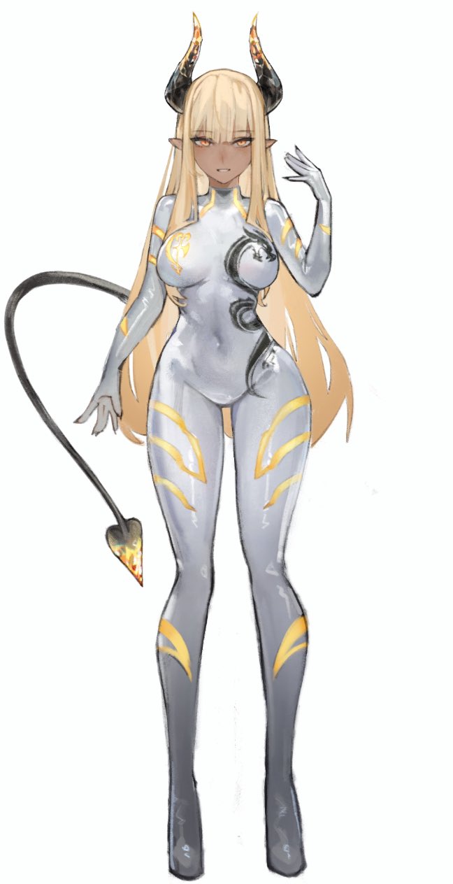 lucadark art, original, commentary, commission, english commentary, highres, second-party source, 1girl, black horns, black tail, blonde hair, blunt bangs, bodysuit, breasts, covered navel, demon horns, demon tail, dragon print, full body, grey bodysuit, hand up, horns, impossible bodysuit, impossible clothes, long hair, medium breasts, multicolored horns, orange eyes, simple background, smile, solo, standing, tail, thigh gap, two-tone horns, white background, yellow horns, zahava (sword scream)
