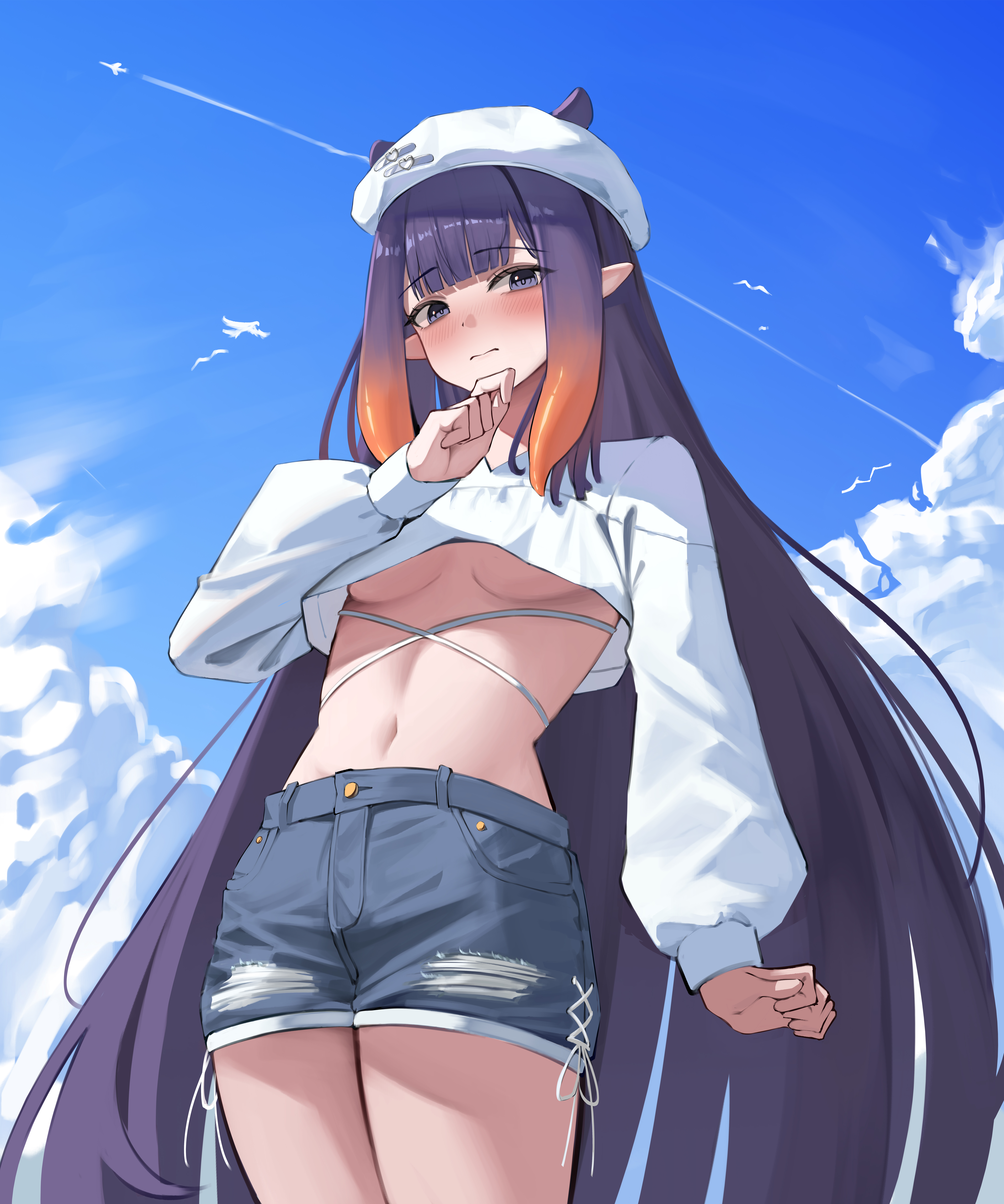 mata tab1, ninomae ina'nis, hololive, hololive english, absurdres, highres, 1girl, aircraft, airplane, beret, blue shorts, blue sky, breasts, closed mouth, cloud, cloudy sky, contrail, cropped shirt, day, denim, denim shorts, gradient hair, grey eyes, hat, long hair, multicolored hair, navel, orange hair, outdoors, pointy ears, purple hair, shirt, short shorts, shorts, simple bird, sky, small breasts, solo, underboob, very long hair, virtual youtuber, white shirt