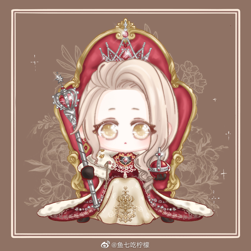 xiaoyu qixing, nikki (series), shining nikki, on throne, chinese commentary, commentary request, 1girl, asymmetrical hair, black gloves, blonde hair, brown background, chibi, closed mouth, crown, dress, expressionless, eyes visible through hair, floral background, flower, forehead, fur-trimmed robe, fur trim, gem, glint, gloves, gown, holding, holding scepter, jewelry, layered dress, light blush, light frown, long dress, long hair, looking at viewer, necklace, path to the crown (shining nikki), picture frame, pleated dress, red dress, red gemstone, red robe, robe, rose, scepter, sitting, sitting on throne, solo, sparkle, straight-on, tareme, wavy hair, yellow dress, yellow eyes