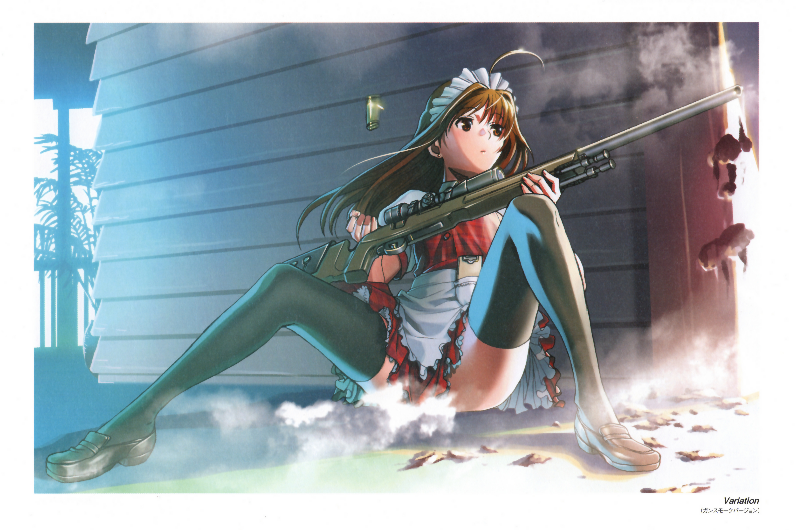 hiroe rei, original, absurdres, highres, 1girl, ahoge, brown eyes, brown hair, bullet, casing ejection, censored, combat maid, convenient censoring, female focus, gun, legs, long hair, maid, maid headdress, reloading, rifle, shell casing, sitting, sniper rifle, solo, spread legs, thighhighs, torn clothes, weapon