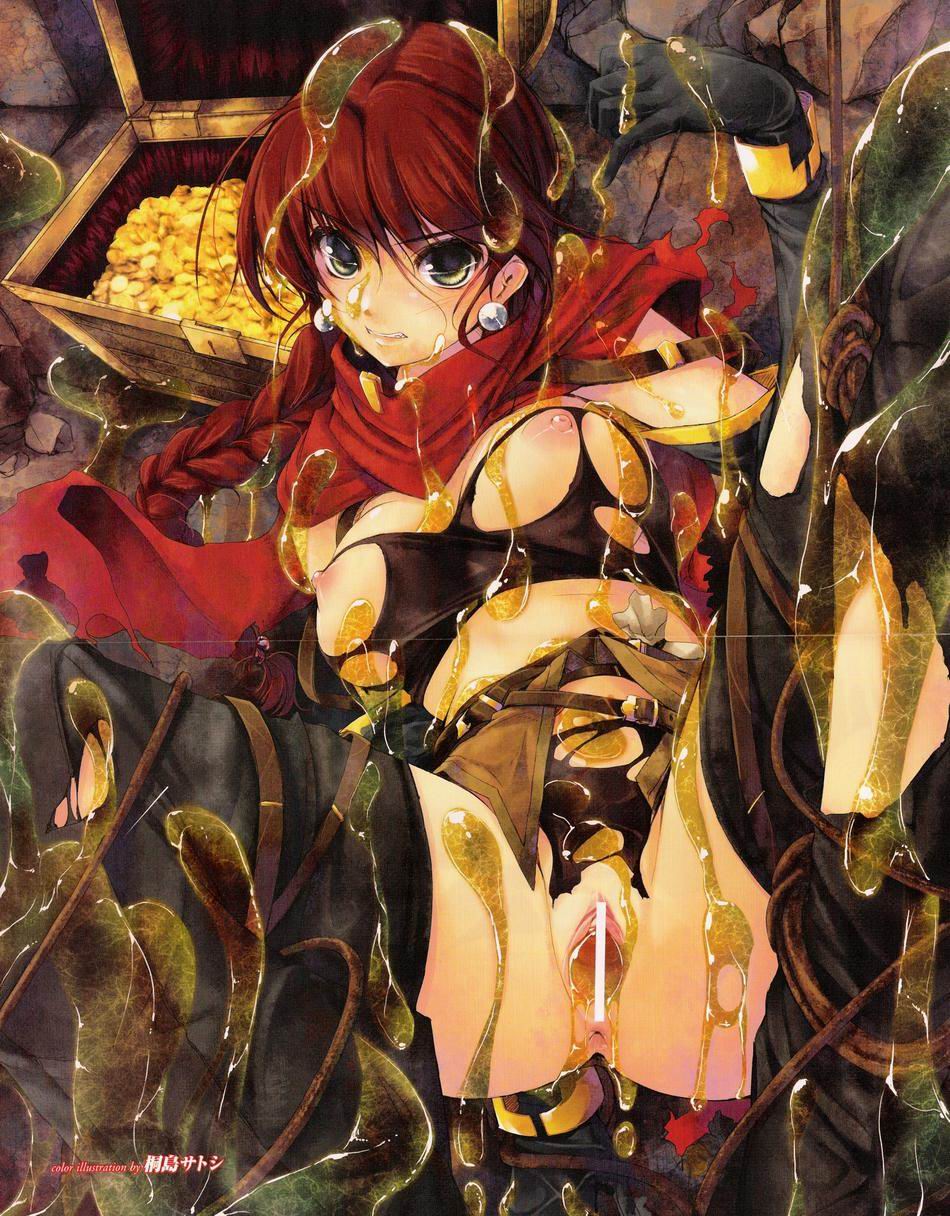 slime, highres, tagme, anus, braid, breasts, censored, earrings, jewelry, pussy, torn clothes