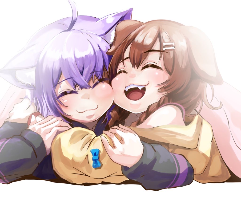 kajimakoto, inugami korone, inugami korone (1st costume), koro, nekomata okayu, nekomata okayu (1st costume), hololive, 2girls, animal ear fluff, animal ears, black hoodie, blush, bone hair ornament, brown hair, cat ears, cat girl, closed eyes, dog ears, dog girl, fangs, hair ornament, hood, hoodie, hug, jacket, looking at viewer, multiple girls, open mouth, purple hair, smile, virtual youtuber, white background, yellow jacket