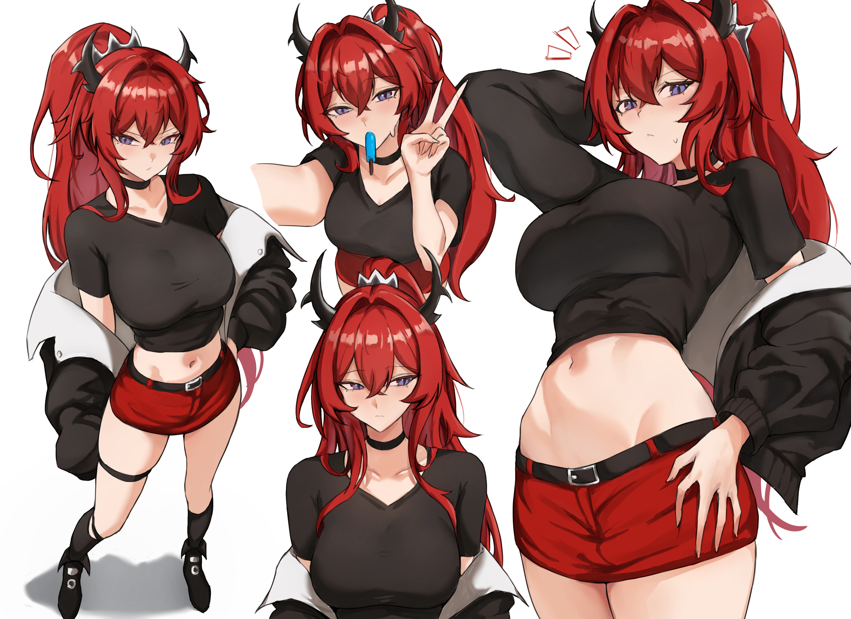 fangs (fangs art), surtr (arknights), surtr (liberte echec) (arknights), arknights, commentary, english commentary, highres, 1girl, black boots, black choker, black jacket, black shirt, boots, breasts, choker, demon girl, demon horns, food, food in mouth, horns, jacket, large breasts, long hair, midriff, miniskirt, multiple views, navel, official alternate costume, popsicle, popsicle in mouth, purple eyes, red hair, red skirt, shirt, simple background, skindentation, skirt, thigh strap, v, white background