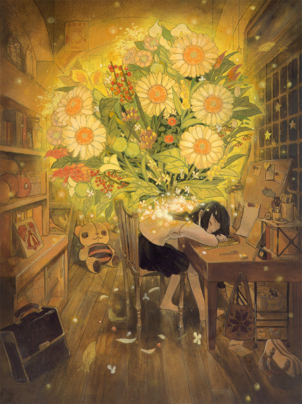 komagarita, komagata, original, bad id, bad pixiv id, highres, 1girl, bag, barefoot, chair, child, desk, female focus, flower, glowing, indoors, satchel, school uniform, sleeping, socks, solo, stuffed animal, stuffed toy, surreal