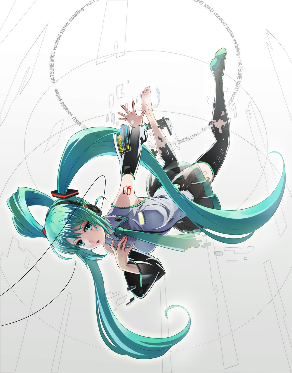 fukukitaru, hatsune miku, vocaloid, highres, 1girl, :o, aqua eyes, aqua hair, barefoot, black thighhighs, blue eyes, blue hair, blush, circle skirt, detached sleeves, digital dissolve, dissolving, dissolving clothes, falling, feet, female focus, hair ornament, headphones, legs, long hair, matching hair/eyes, miniskirt, multicolored hair, necktie, no socks, open mouth, panties, pixel dissolve, pleated skirt, see-through clothes, shoes, sidelocks, single shoe, skirt, soles, solo, striped clothes, striped panties, thighhighs, toes, twintails, two-tone hair, underwear, very long hair, zettai ryouiki