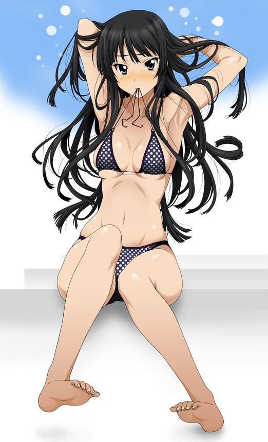 isse, akiyama mio, k-on!, 00s, 1girl, adjusting hair, armpits, arms behind back, arms up, barefoot, bikini, black eyes, black hair, blush, breasts, feet, female focus, large breasts, legs, long hair, mouth hold, navel, polka dot, polka dot bikini, polka dot swimsuit, soles, solo, swimsuit, toenails, toes, underboob