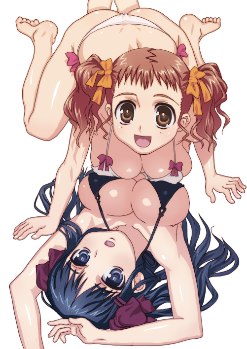 hirose (mokiki), original, 2girls, all fours, barefoot, bikini, blue eyes, blue hair, blush, breast press, breasts, brown eyes, brown hair, large breasts, long hair, lying, multiple girls, short hair, swimsuit, symmetrical docking, twintails