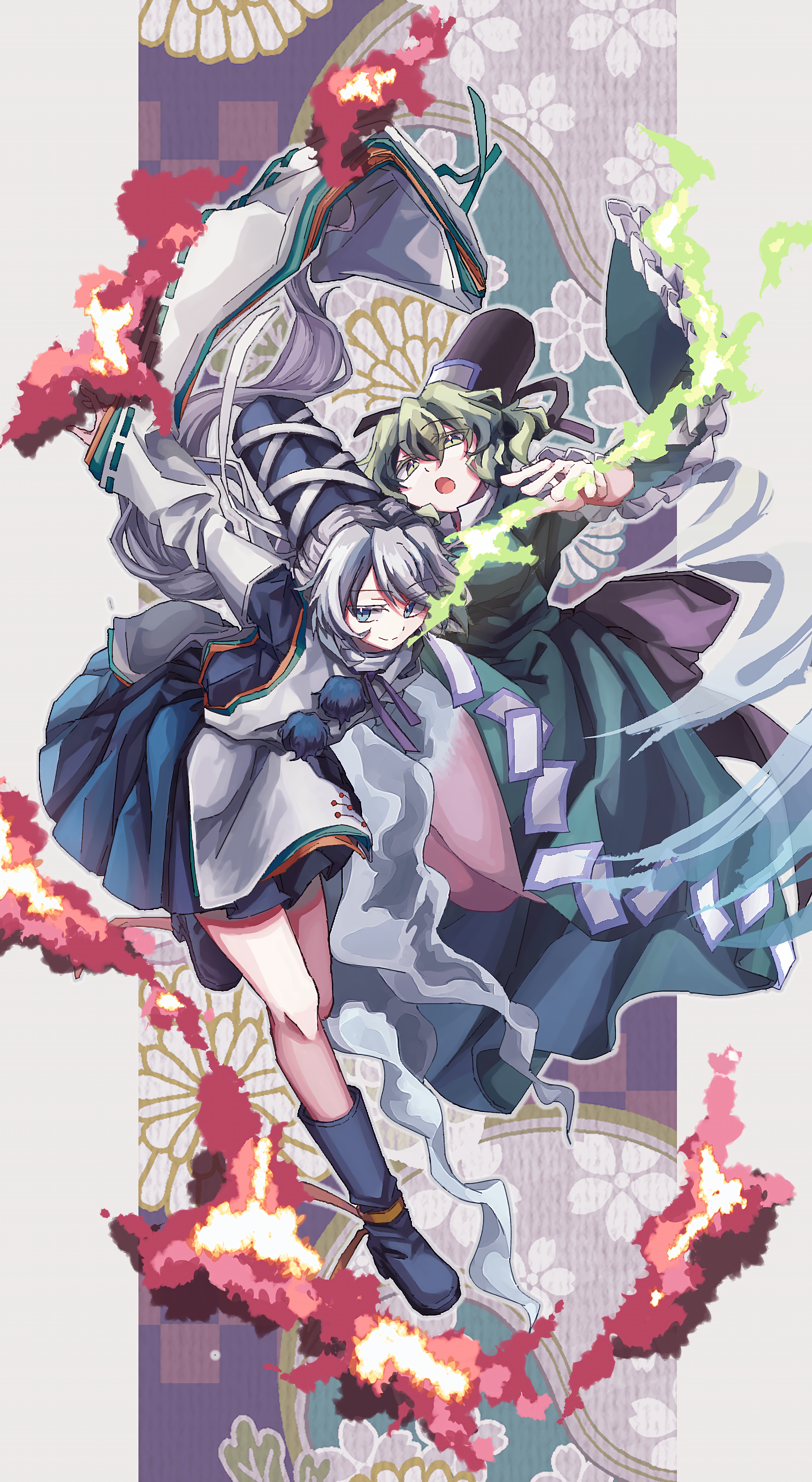mononobe no futo, soga no tojiko, touhou, absurdres, commentary request, highres, 2girls, :o, arms behind back, back bow, black bow, black hat, blue boots, blue eyes, blue hat, blue skirt, boots, border, bow, dress, fire, floating clothes, frilled sleeves, frills, full body, ghost tail, green dress, green eyes, green hair, grey hair, hand up, hat, hat ribbon, japanese clothes, kariginu, knees up, long hair, long sleeves, looking at viewer, multiple girls, ofuda, ofuda on clothes, open mouth, outline, patterned background, pom pom (clothes), ponytail, ribbon, ribbon-trimmed sleeves, ribbon trim, skirt, smile, standing, standing on one leg, tate eboshi, white border, white outline, xing mao yin (ksyd4458)