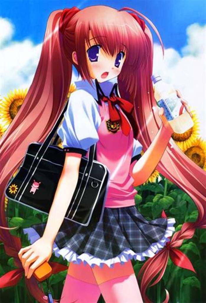 bag, blush, cellphone, long hair, phone, purple eyes, red hair, school bag, school uniform