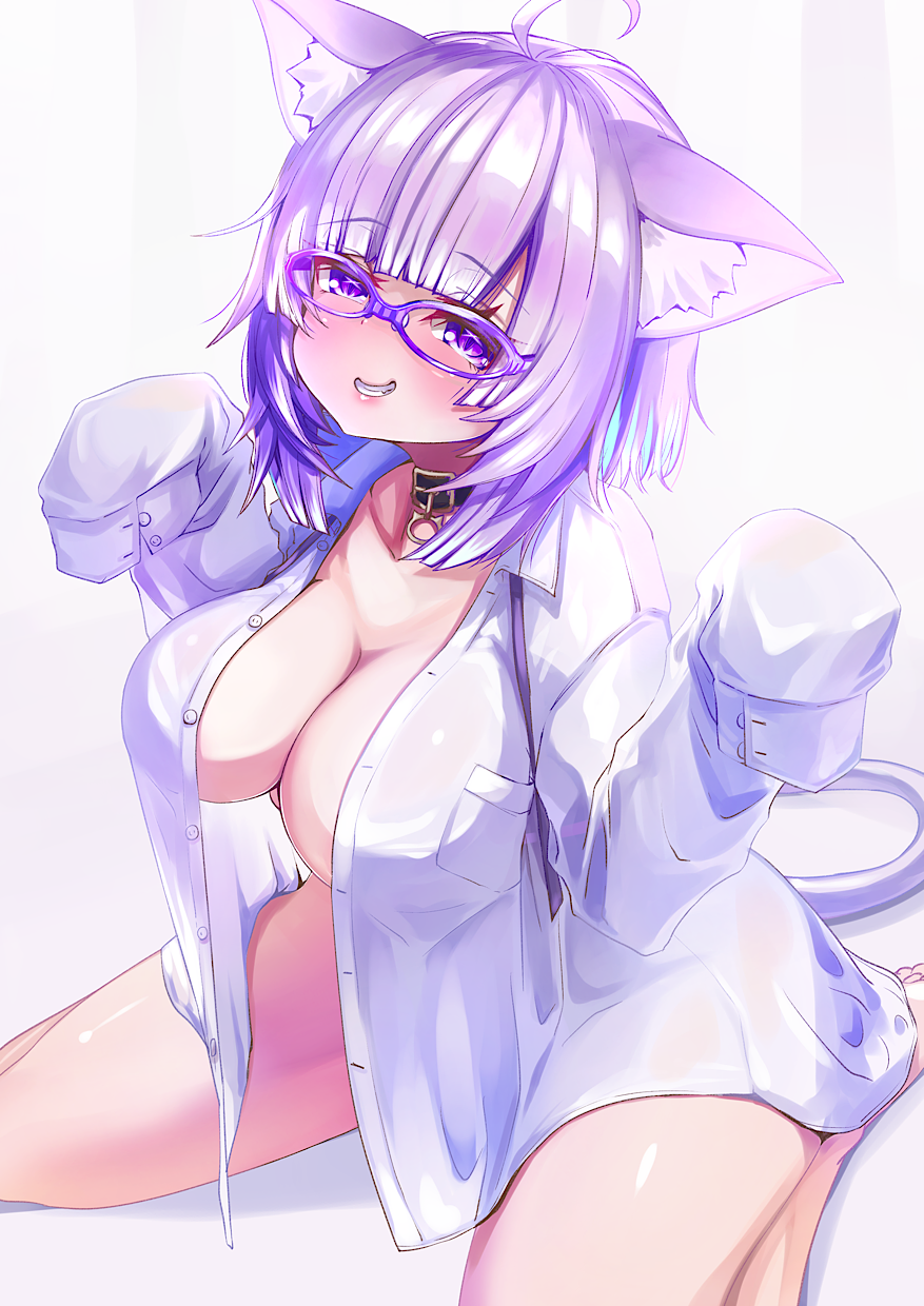 kajimakoto, nekomata okayu, nekomata okayu (oversized shirt), hololive, highres, 1girl, ahoge, animal ear fluff, animal ears, black collar, blush, breasts, cat ears, cat girl, cat tail, cleavage, closed mouth, collar, glasses, large breasts, looking at viewer, medium hair, neck ribbon, official alternate costume, open clothes, open shirt, purple-framed eyewear, purple eyes, purple hair, purple ribbon, ribbon, shirt, sleeves past fingers, sleeves past wrists, solo, tail, virtual youtuber, white shirt