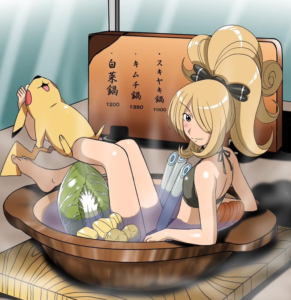pikachu, shirona (pokemon), pokemon, looking behind, arm support, bath, bikini, food, soup, swimsuit, vegetable