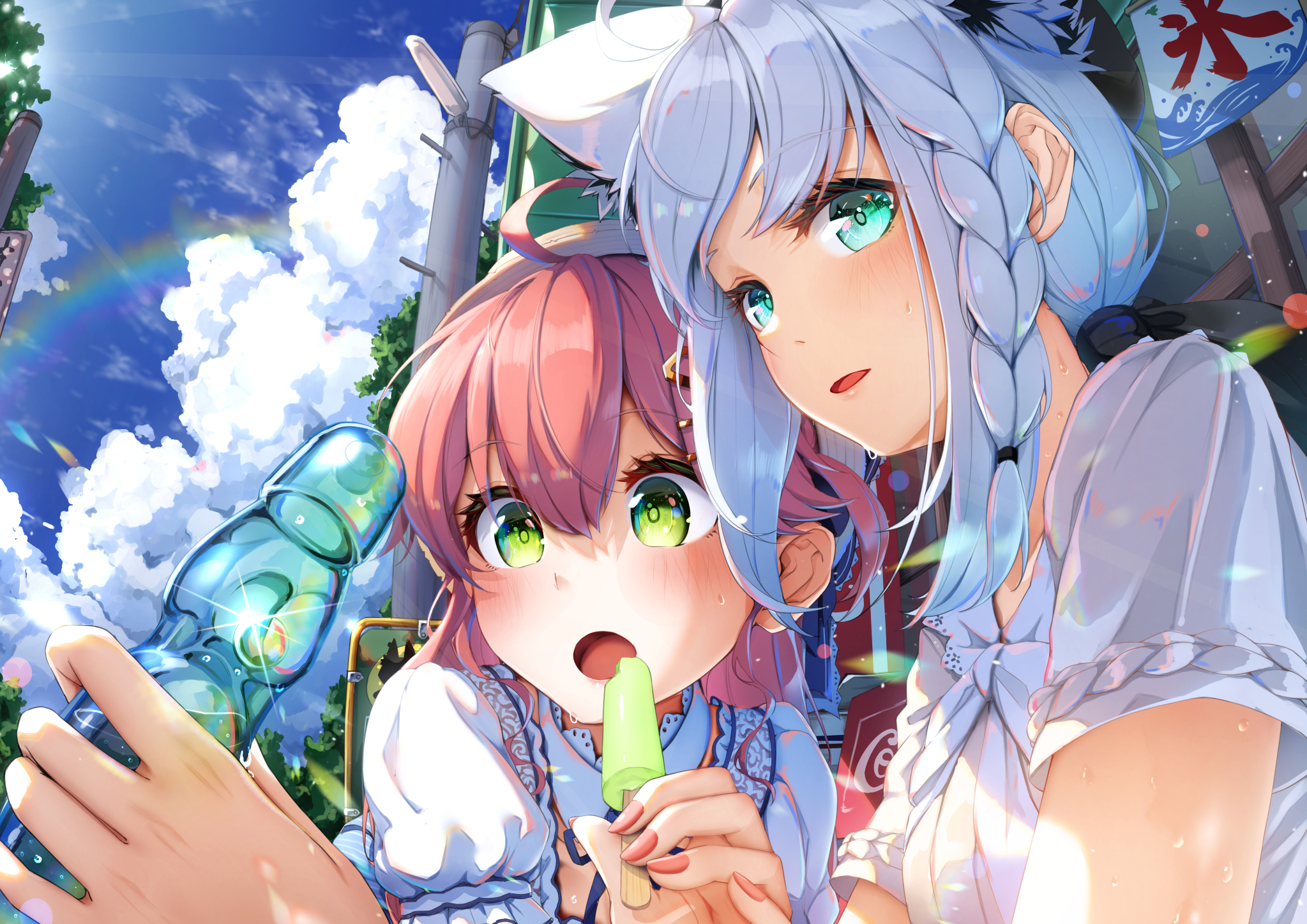 imo bouya, sakura miko, sakura miko (street), shirakami fubuki, shirakami fubuki (street), hololive, holonatsu paradise, commentary request, highres, ahoge, animal ear fluff, animal ears, beret, blush, bottle, braid, cloud, cloudy sky, day, extra ears, food, fox ears, fox girl, green eyes, hair between eyes, hat, holding, holding bottle, long hair, looking at viewer, open mouth, outdoors, pink hair, pink nails, popsicle, short sleeves, sidelocks, single braid, sky, sweat, virtual youtuber, white hair