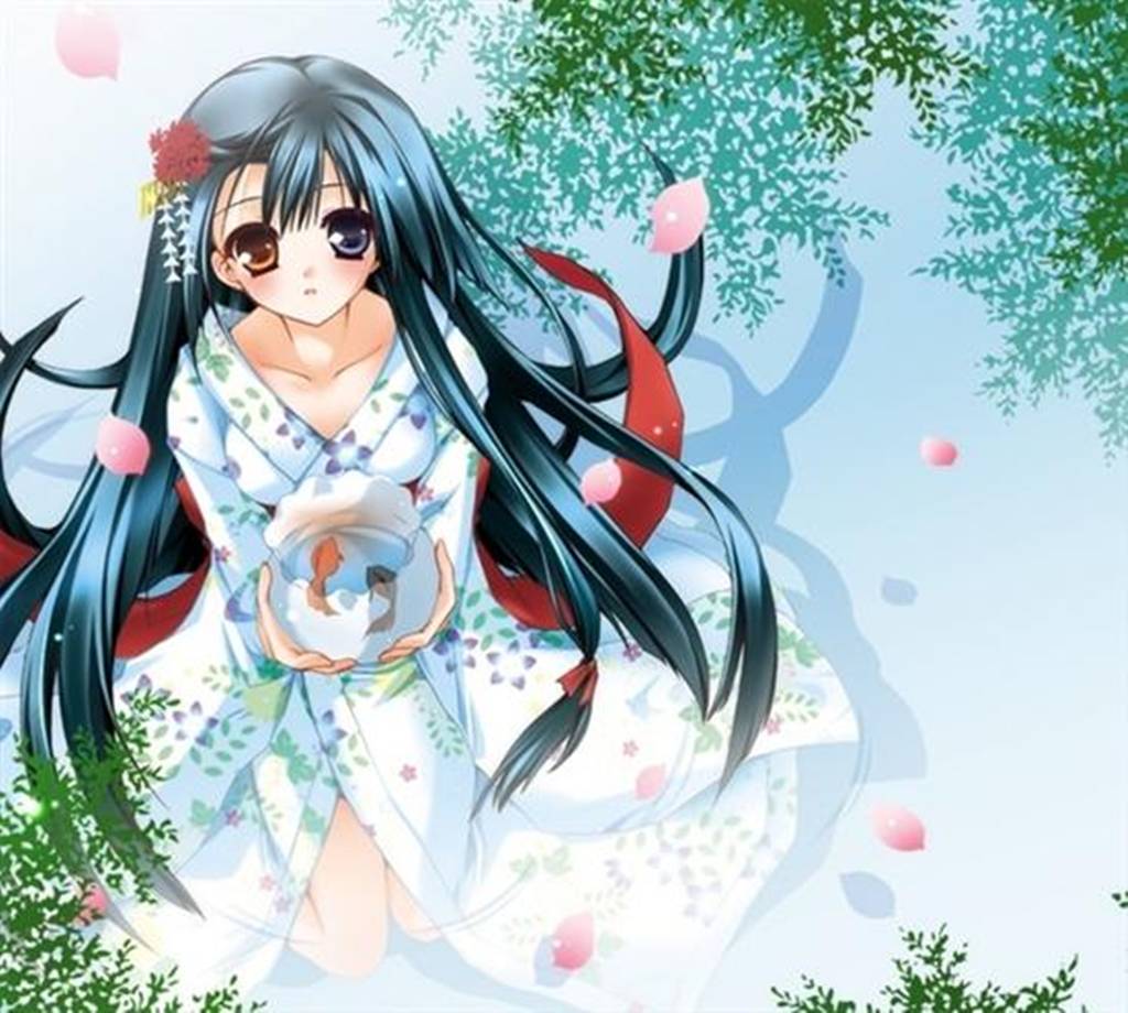 blush, fish, goldfish, green hair, heterochromia, japanese clothes, kimono, long hair, looking at viewer, multicolored eyes