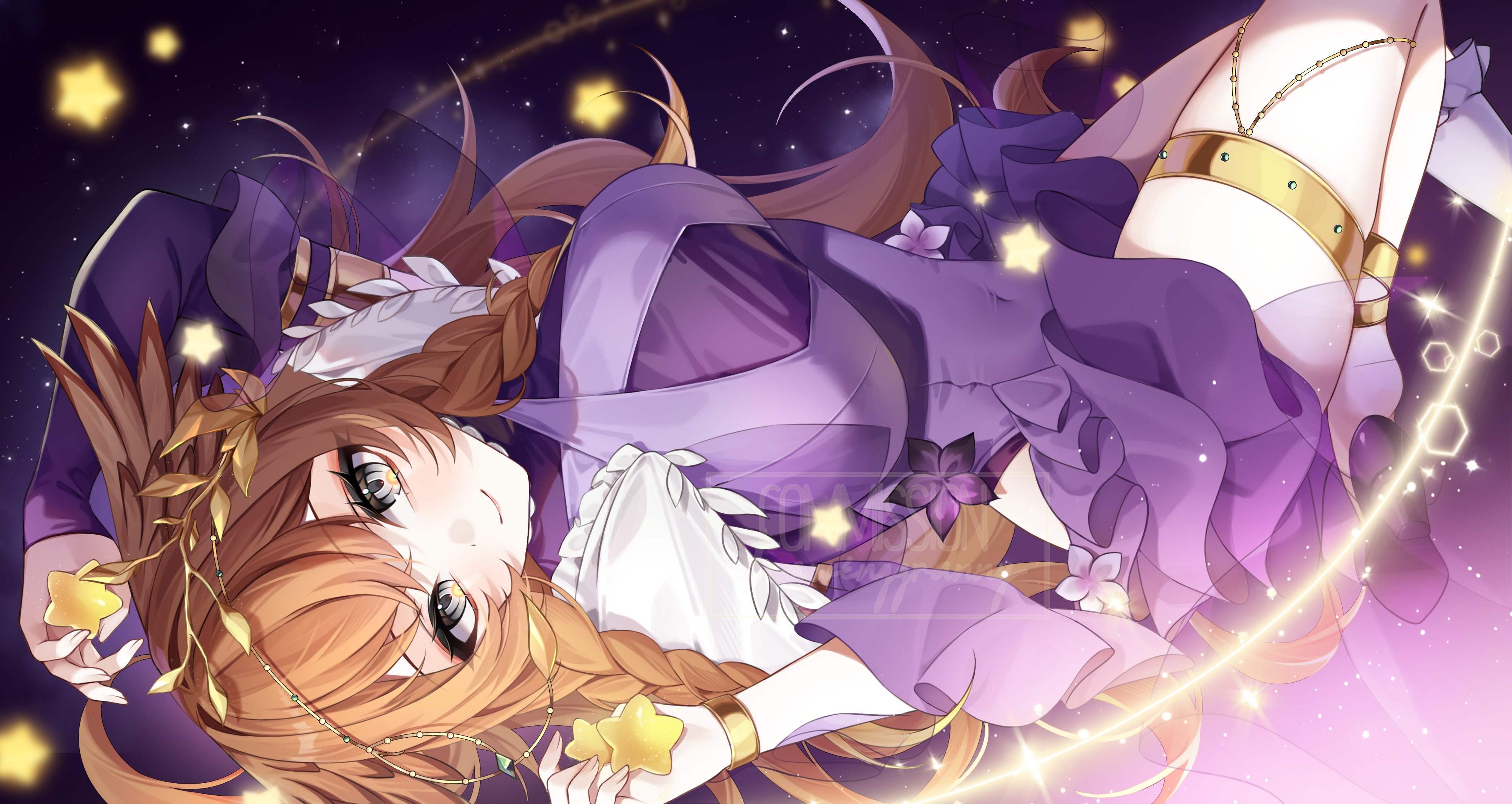 drawinggranny, indie virtual youtuber, absurdres, commission, highres, vgen commission, 1girl, astra laeyna, bracelet, braid, breasts, brown hair, closed mouth, covered navel, dress, gold bracelet, gold thighlet, grey eyes, head wings, high heels, jewelry, long hair, purple dress, purple shoes, shoes, solo, star (symbol), thighlet, twin braids, twitter username, virtual youtuber, watermark, wings