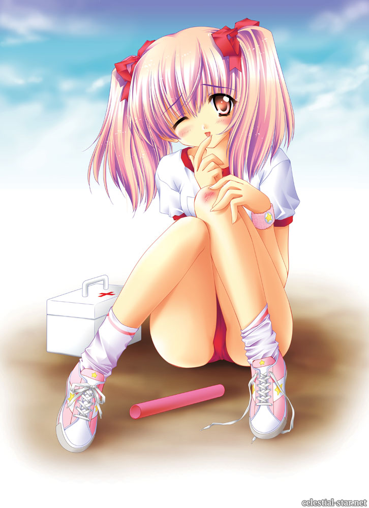 baton, blonde hair, blush, bow, brown eyes, first aid kit, hair bow, injury, pain, scrap, short hair, sitting, thighhighs, wink
