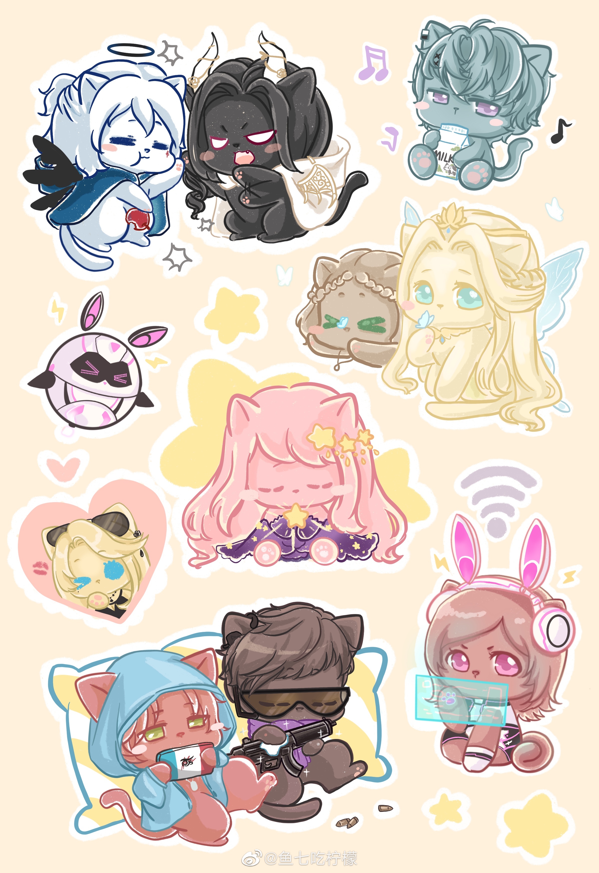 xiaoyu qixing, nikki (nikki), ophelia (shining nikki), star sea (nikki), nikki (series), shining nikki, absurdres, character request, highres, > <, > o, = =, angel and devil, angel wings, animal, animal ear headphones, animal ear piercing, animal ears, animal focus, animalization, apple, assault rifle, barbell piercing, bare shoulders, black-framed eyewear, black dress, black hair, black halo, black leotard, black wings, blonde hair, blue butterfly, blue cloak, blue eyes, blue hair, blue jacket, blue wings, blush stickers, bracelet, brown hair, bug, butterfly, butterfly on hand, butterfly on nose, cat, charmonroe (shining nikki), chewing, circlet, cloak, closed eyes, closed mouth, clothed animal, colored eyelashes, demon wings, dress, drink, ear piercing, ears through headwear, eating, elbow gloves, eyewear on head, fairy wings, fake animal ears, fangs, feathered wings, fighting, flower, food, food bite, fruit, gloves, goddess of desire (shining nikki), gold circlet, gown, green eyes, gun, hair between eyes, hair ornament, hair over shoulder, halo, hand on own chin, headphones, heart, holding, holding drink, holding food, holding fruit, holding gun, holding star, holding tablet pc, holding weapon, hood, hood down, hood up, hooded cloak, hooded jacket, horn flower, industrial piercing, insect, jacket, jewelry, leonid (shining nikki), leotard, lightning bolt symbol, lipstick mark, long dress, long hair, lying, medium hair, messy hair, milk carton, modric (shining nikki), multicolored leotard, musical note, nape braid, netga (shining nikki), no humans, no mouth, on stomach, one eye closed, open clothes, open jacket, open mouth, outline, parted bangs, pawpads, piercing, pillow, pink hair, plant, playing games, polishing, ponytail, print dress, purple dress, purple eyes, purple gloves, purple scarf, rabbit ear headphones, rabbit ears, red hair, rifle, robot, rose, scarf, short hair, short ponytail, simple background, skeletal wings, sleeveless, sleeveless dress, solid oval eyes, star (symbol), star hair ornament, star print, strapless, strapless dress, sunglasses, tablet pc, teeth, traditional halo, triangular eyewear, two-tone leotard, upper teeth only, v-shaped eyes, very long hair, vines, watermark, wavy hair, weapon, weibo watermark, white cloak, white gloves, white hair, white leotard, white outline, white wings, wings, yeeso (shining nikki), yellow background, yellow flower, yellow rose
