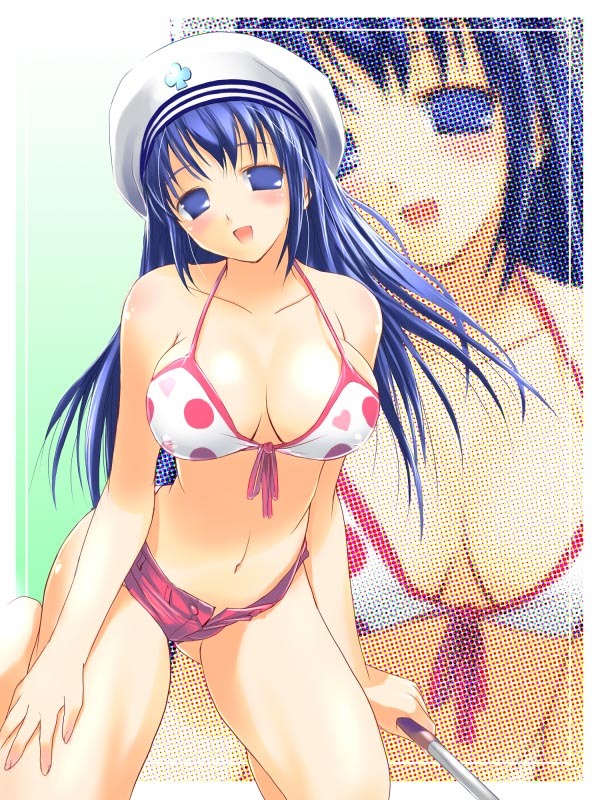 arin (pangya), blue eyes, blue hair, blush, bra, breasts, cleavage, happy, kneeling, lingerie, long hair, looking at viewer, navel, thighhighs, underwear