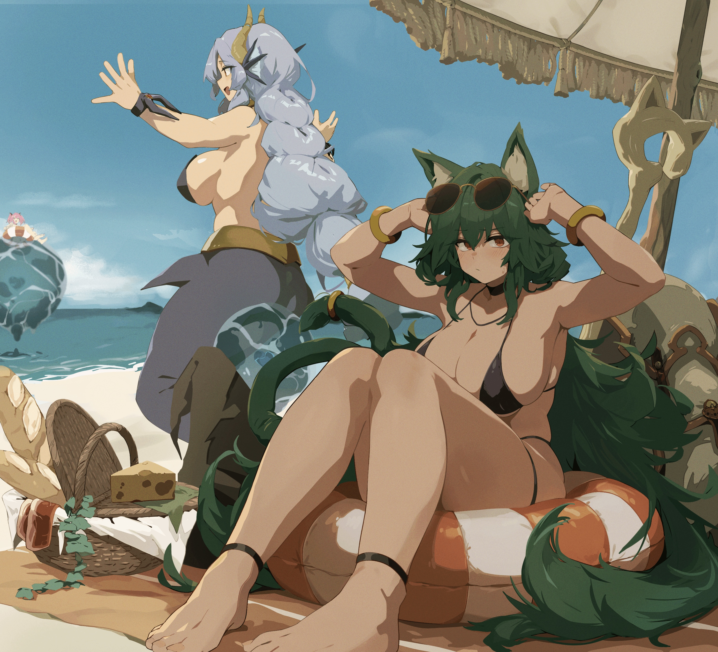 bowchan, succubus affection, absurdres, commentary request, highres, 3girls, animal ear fluff, animal ears, baguette, barefoot, basket, beach, beach umbrella, bikini, black bikini, blue hair, blue sky, blush, bread, breasts, brown horns, cat ears, cat girl, cat tail, cheese, closed mouth, cloud, day, eyewear on head, fins, food, frown, full body, green hair, head fins, horns, hydrokinesis, innertube, large breasts, lisa (succubus affection), long hair, looking at viewer, meat, mizuha (succubus affection), multiple girls, ocean, open mouth, outdoors, picnic basket, pink hair, red eyes, rianya, sitting, sky, smile, sunglasses, swim ring, swimsuit, swiss cheese, tail, umbrella, very long hair, water