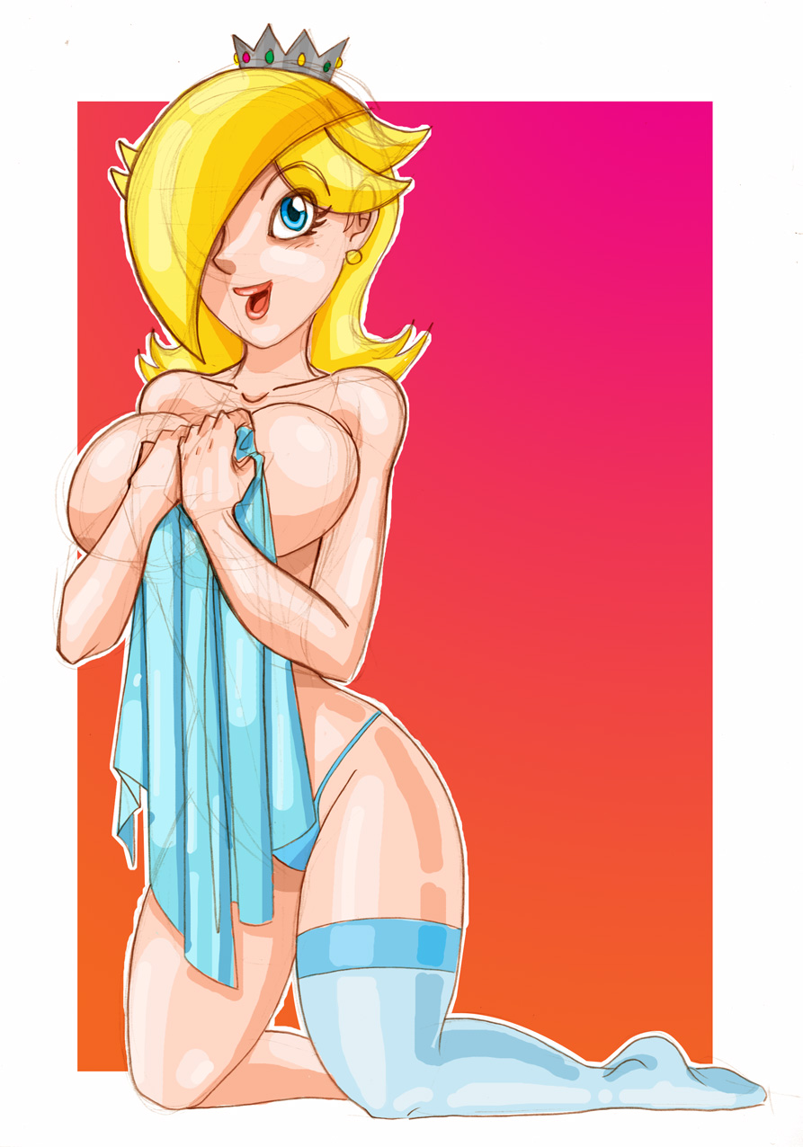 rosalina, mario (series), nintendo, super mario bros. 1, super mario galaxy, highres, 1girl, blonde hair, blue eyes, breasts, covering breasts, covering privates, crown, earrings, female focus, hair over one eye, jewelry, kneeling, large breasts, naked towel, panties, single thighhigh, smile, solo, thighhighs, towel, underwear
