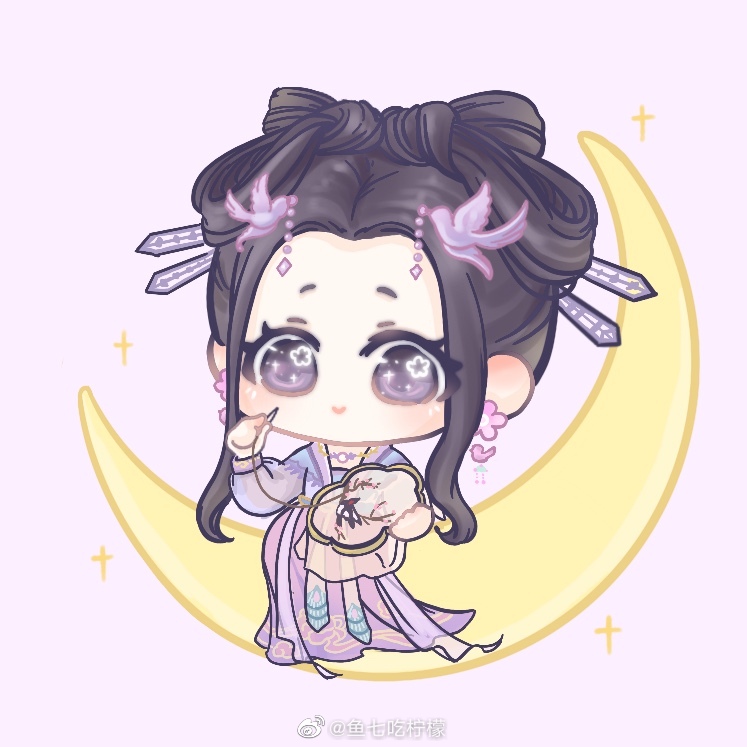 xiaoyu qixing, nikki (series), shining nikki, chinese commentary, commentary request, 1girl, bird earrings, bird hair ornament, black hair, bow-shaped hair, chibi, closed mouth, earrings, embroidery, eyelashes, eyes visible through hair, flower, flower earrings, flower in eye, forehead, hair ornament, hair rings, hairpin, happy, holding sewing needle, jewelry, light blush, long sleeves, looking at viewer, magpie, magpie bridge (shining nikki), multiple hairpins, on crescent, purple background, purple eyes, purple flower, purple hanfu, short hair with long locks, sidelocks, simple background, sitting, smile, solo, sparkle, star (sky), symbol in eye, tareme, updo, watermark, weibo watermark