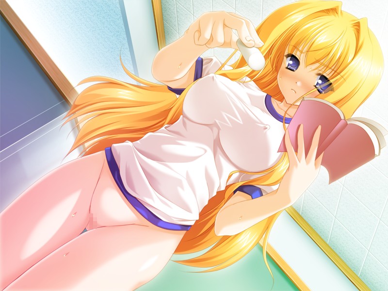 1girl, blonde hair, blue eyes, blush, book, bottomless, breasts, ceiling, censored, chalk, covered erect nipples, dutch angle, female focus, foreshortening, from below, gym uniform, indoors, large breasts, long hair, pussy, solo, sweat