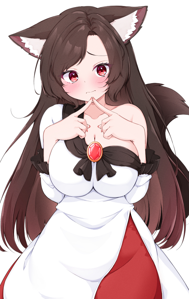 rururiaru, imaizumi kagerou, touhou, commentary request, 1girl, animal ear fluff, animal ears, blush, breasts, brooch, brown hair, cleavage, closed mouth, cowboy shot, dress, ears down, embarrassed, frown, index fingers together, jewelry, large breasts, long hair, long sleeves, looking at viewer, raised inner eyebrows, red eyes, red skirt, simple background, single off shoulder, skirt, solo, tail, very long hair, white background, white dress, wolf ears, wolf girl, wolf tail