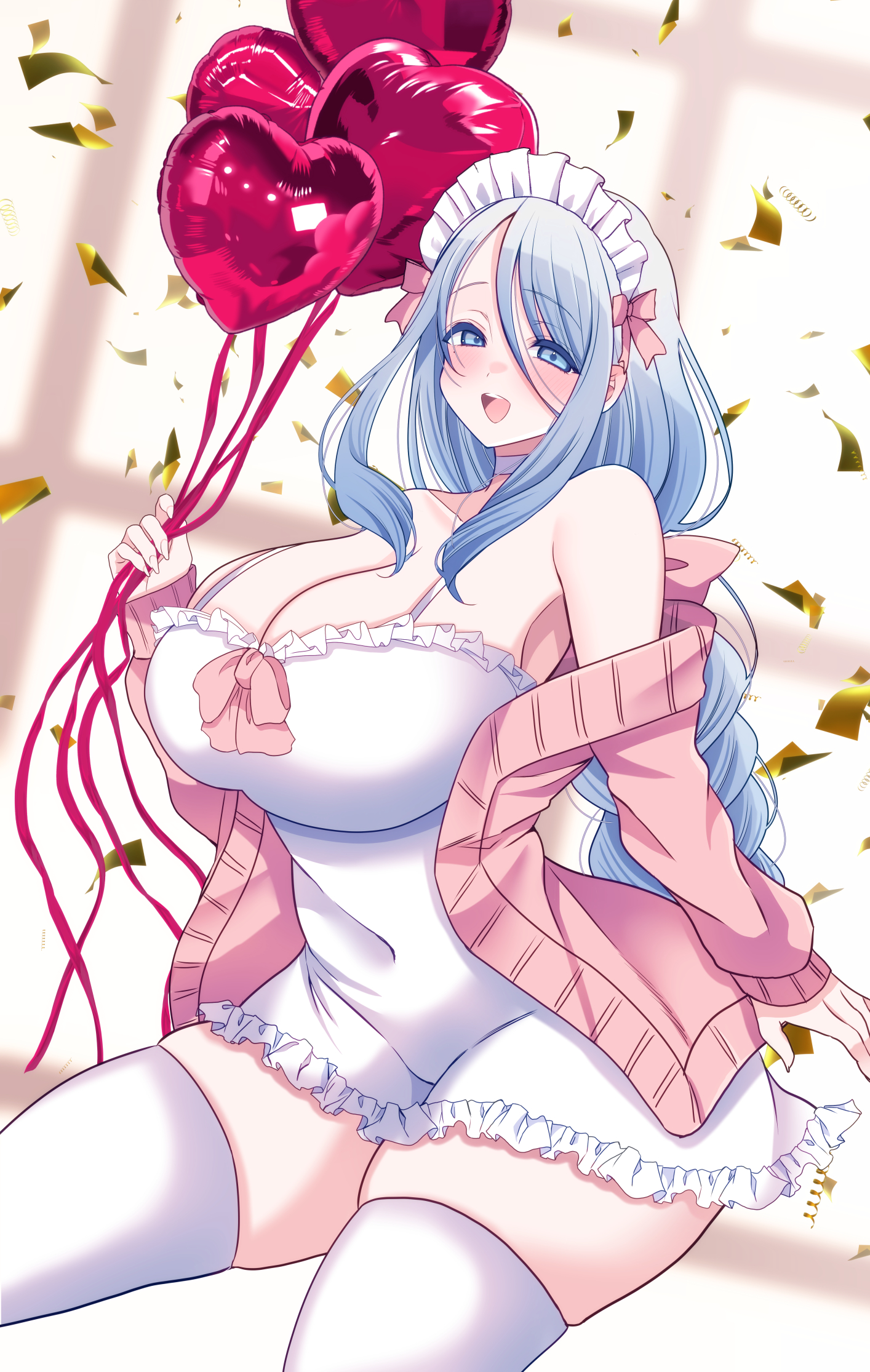 aizawa chihiro, character request, copyright request, highres, 1girl, balloon, blue eyes, blue hair, bow, breasts, cardigan, cleavage, confetti, dress, frilled dress, frills, hair between eyes, heart balloon, holding, holding balloon, huge breasts, long braid, long hair, long sleeves, maid headdress, mole, mole under eye, open cardigan, open clothes, open mouth, pink bow, pink cardigan, solo, thighhighs, white dress, white thighhighs