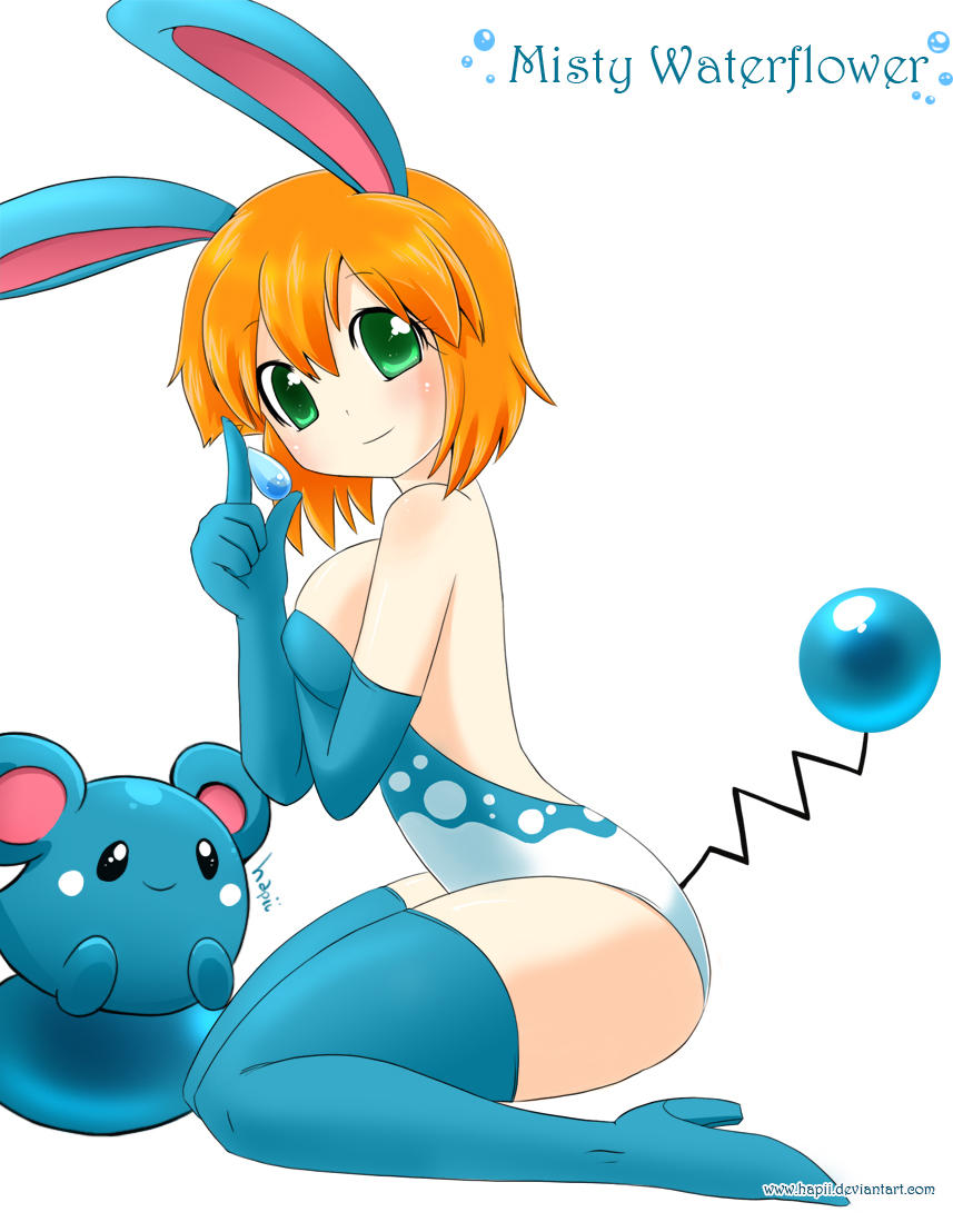 kuroganezero, azurill, misty (pokemon), nintendo, pokemon, animal ears, antennae, boots, cosplay, gen 3 pokemon, gloves, green hair, leotard, orange hair, short hair, smile, tail